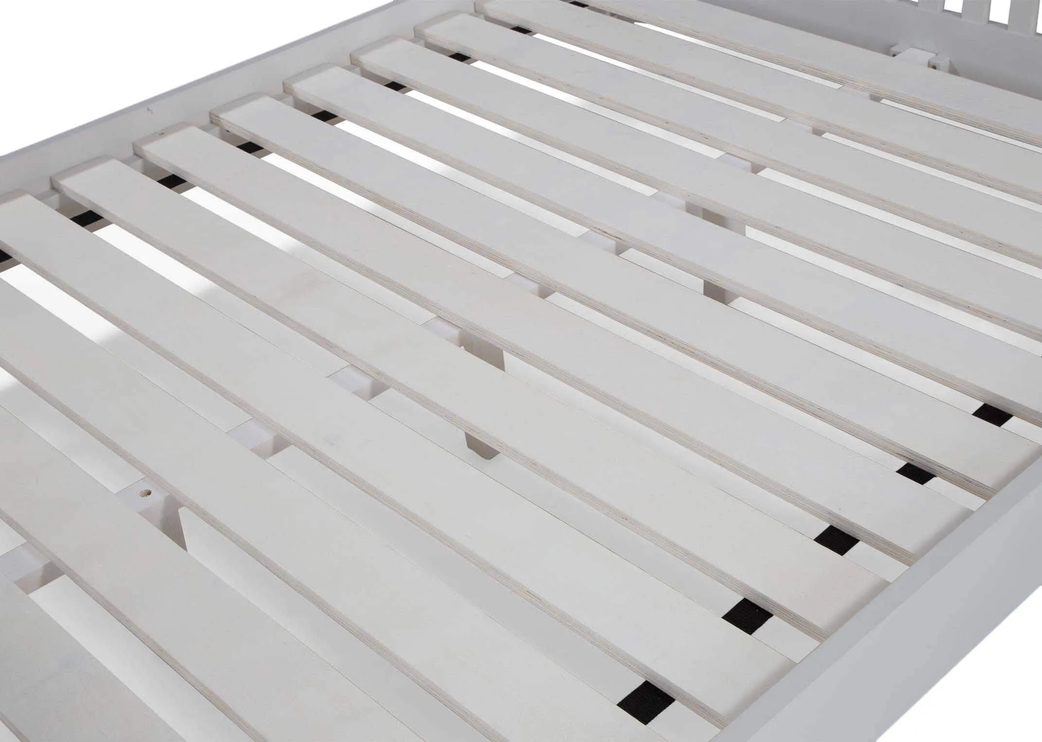 Detailed view of headboard of double 4 feet 6 inch grey oak bed frame with light brown ending Georgia