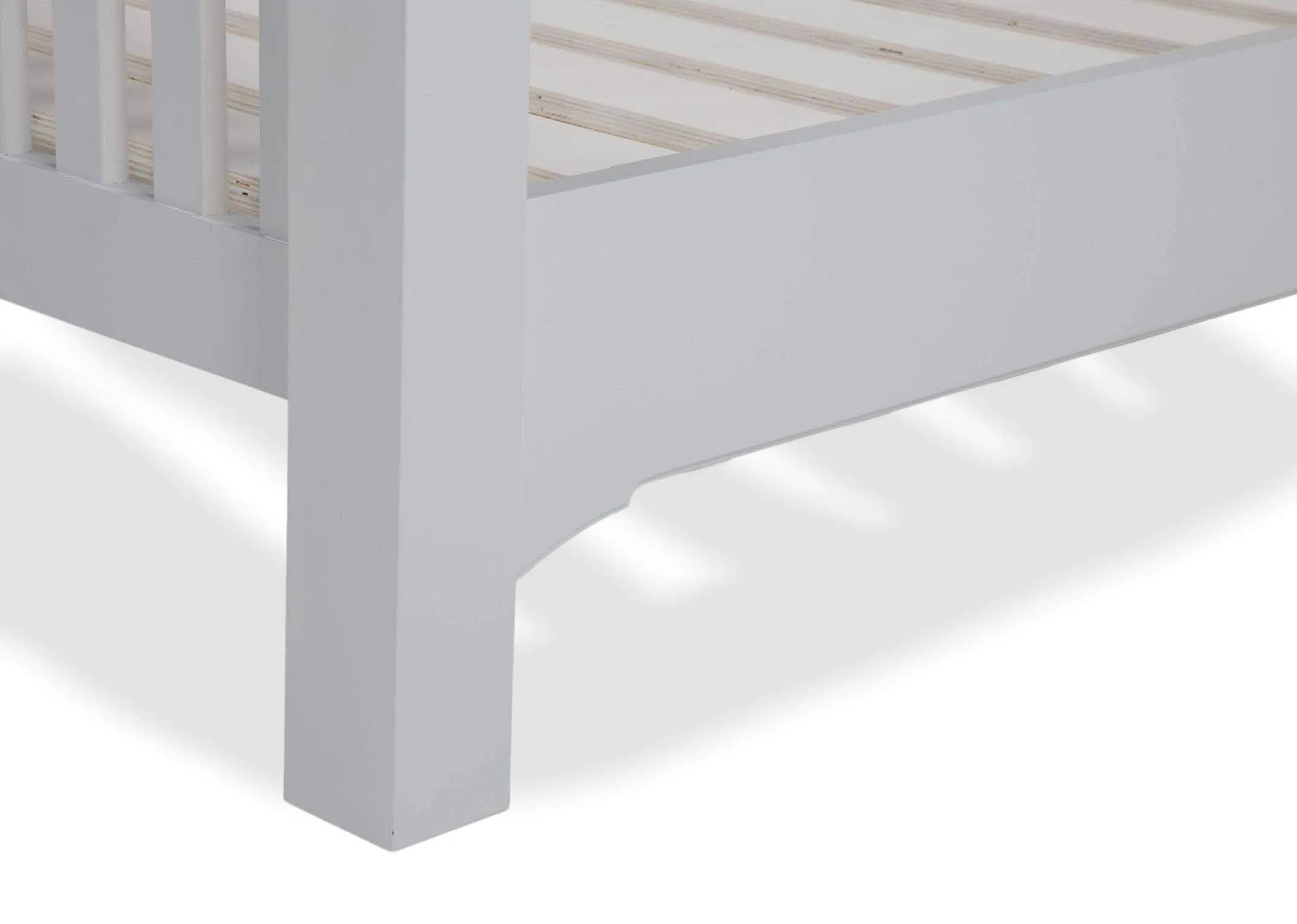 Detailed view of slats of double 4 feet 6 inch grey oak bed frame with light brown ending Georgia