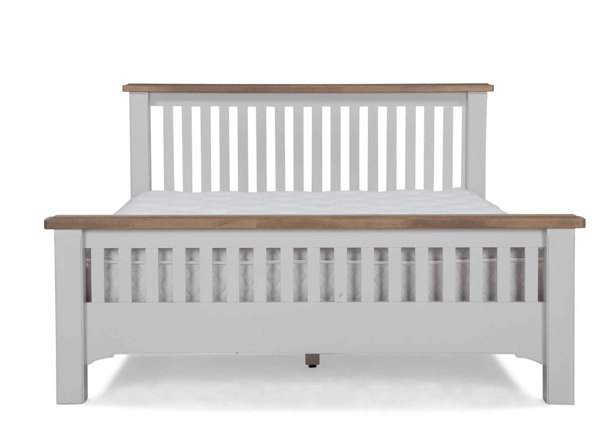 Detailed view of ending of slats of double 4 feet 6 inch grey oak bed frame with light brown ending Georgia