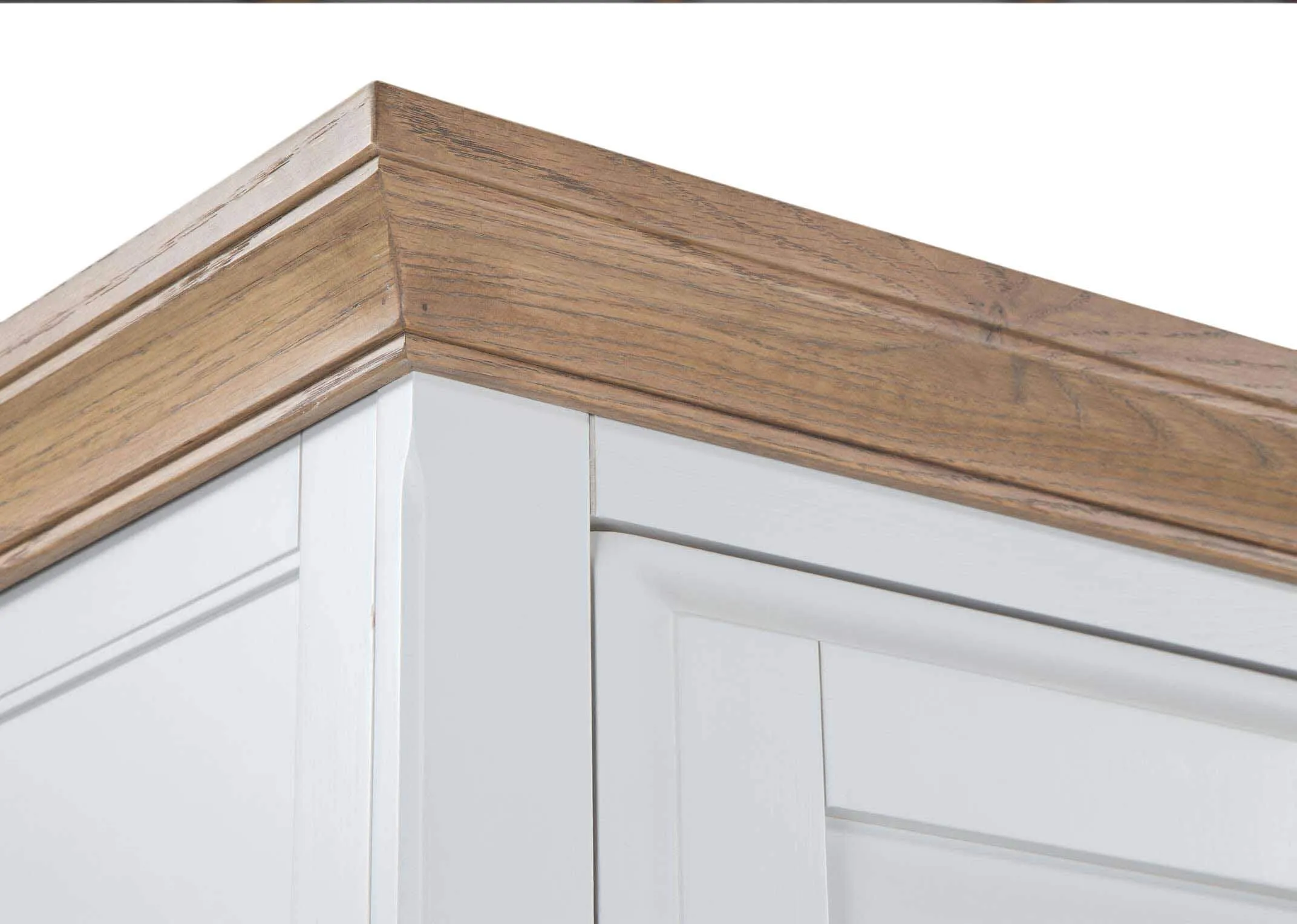 Front view of three-door three-drawer grey oak wardrobe Georgia when open