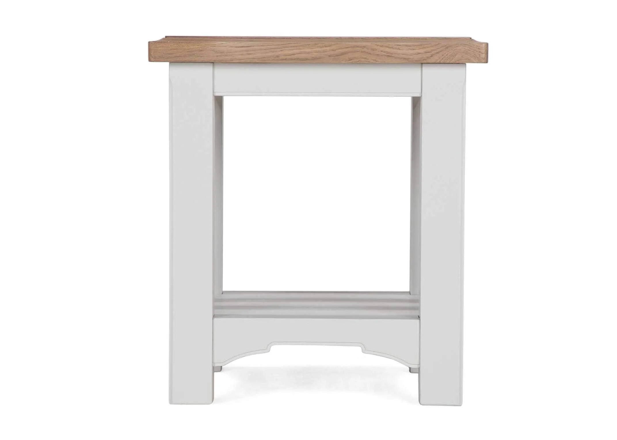 A view from the front of the grey solid oak Georgia lamp table with bottom shelf.