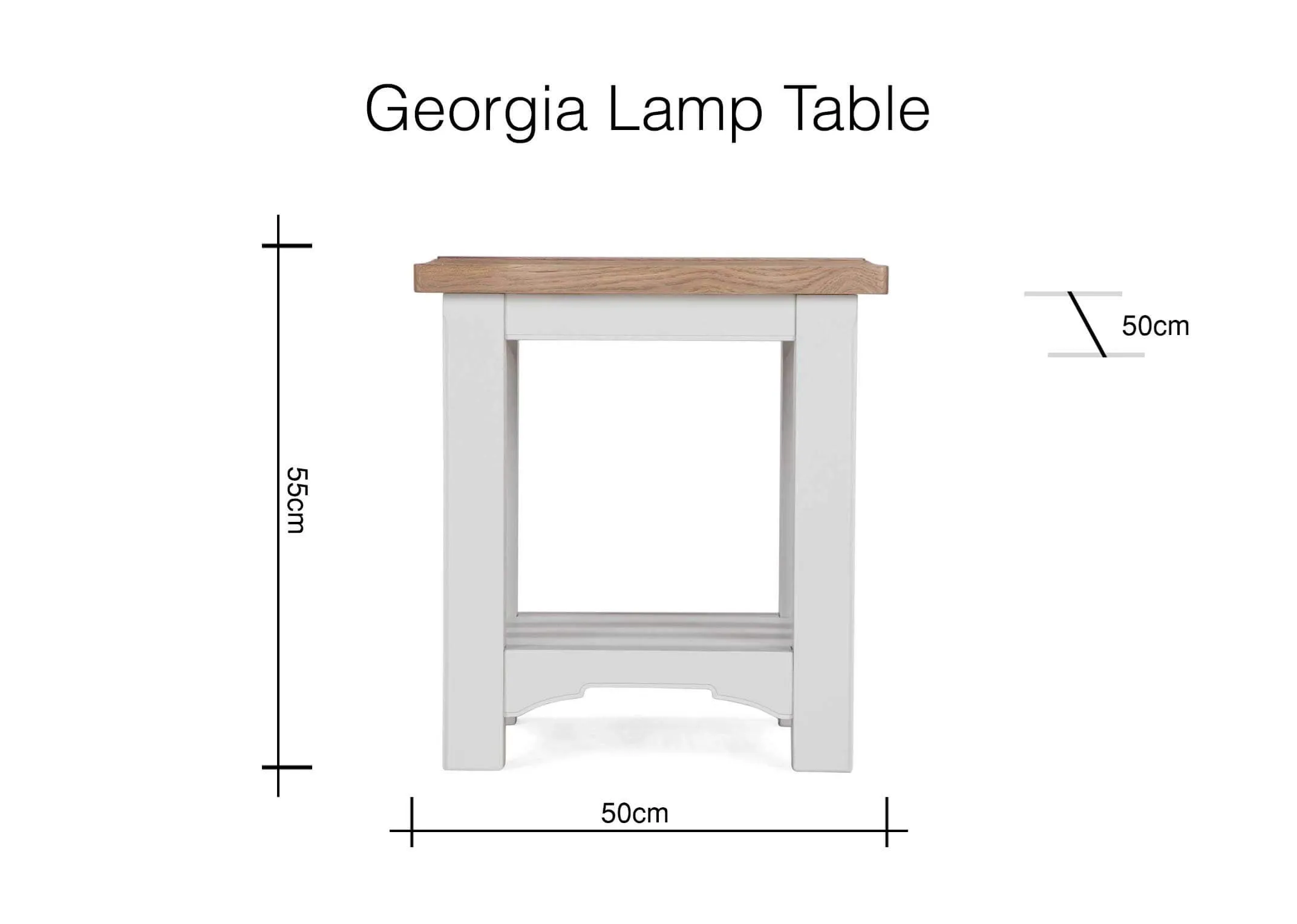 A dimension image for the grey oak Georgia lamp table 55cm (Height) x 50cm (Wdth) x 50cm (Depth)