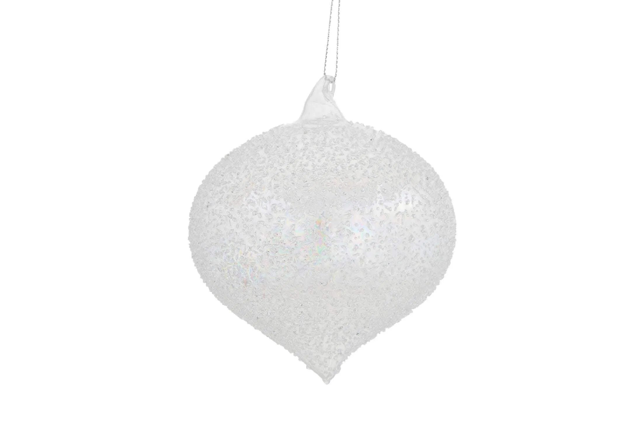 A front view of Christmas bauble as onion shaped with glass pattern uneven surface.