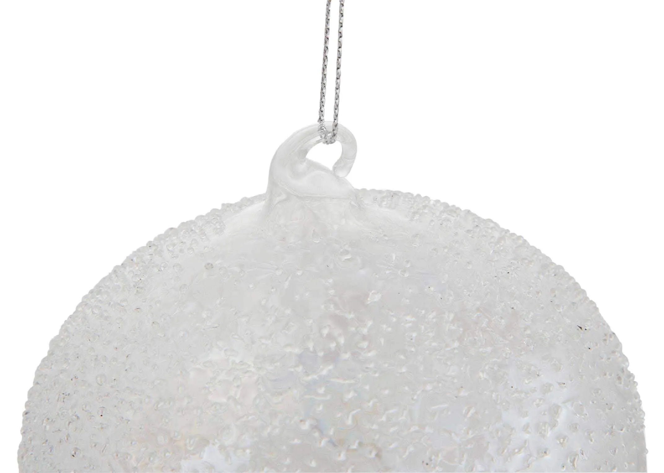 A top view of christmas glass medium onion bauble with glass hook attached to the thread to hang the ball.