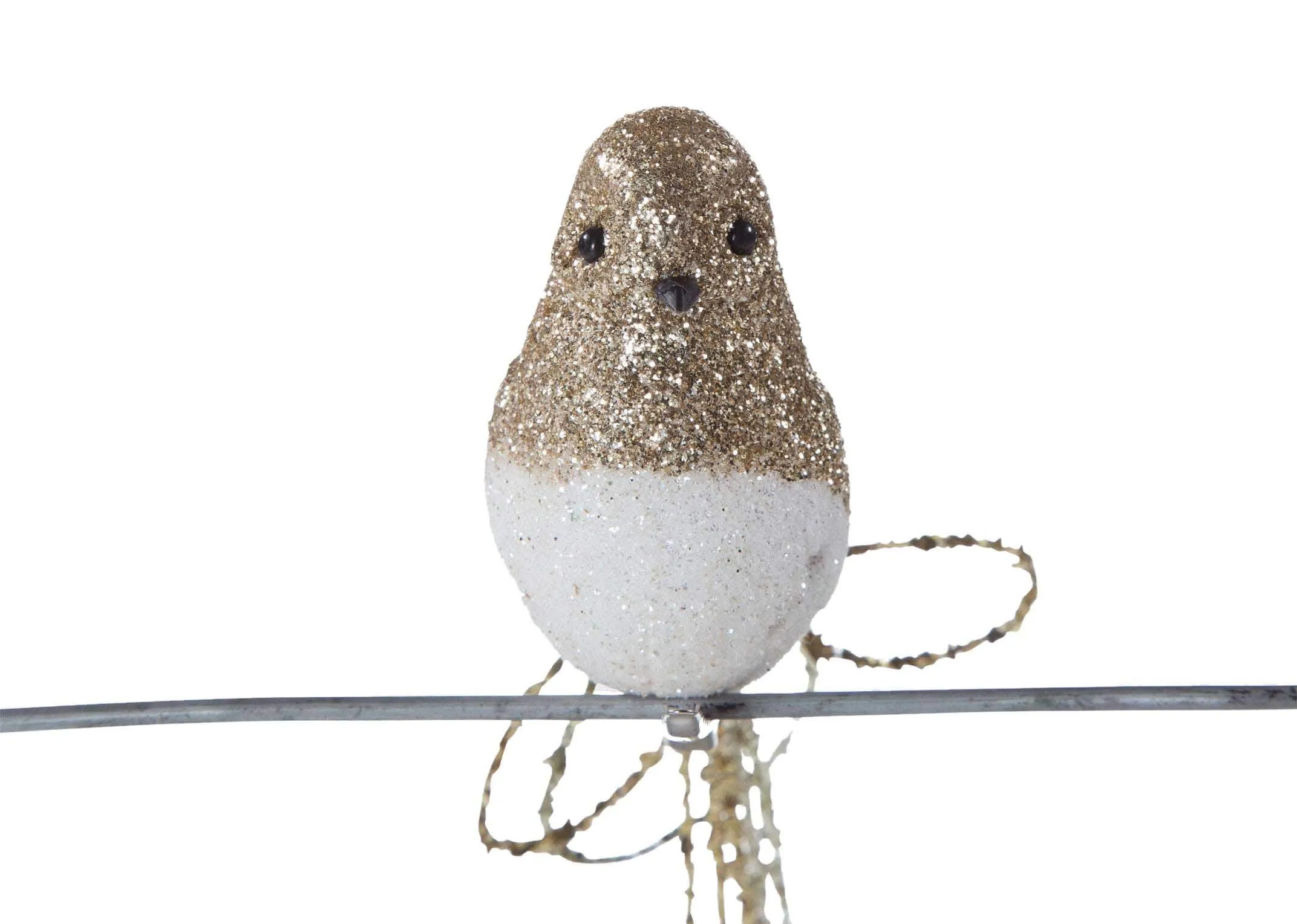 A top view of the Christmas bird with long tail with upper body in the gold glitter work.