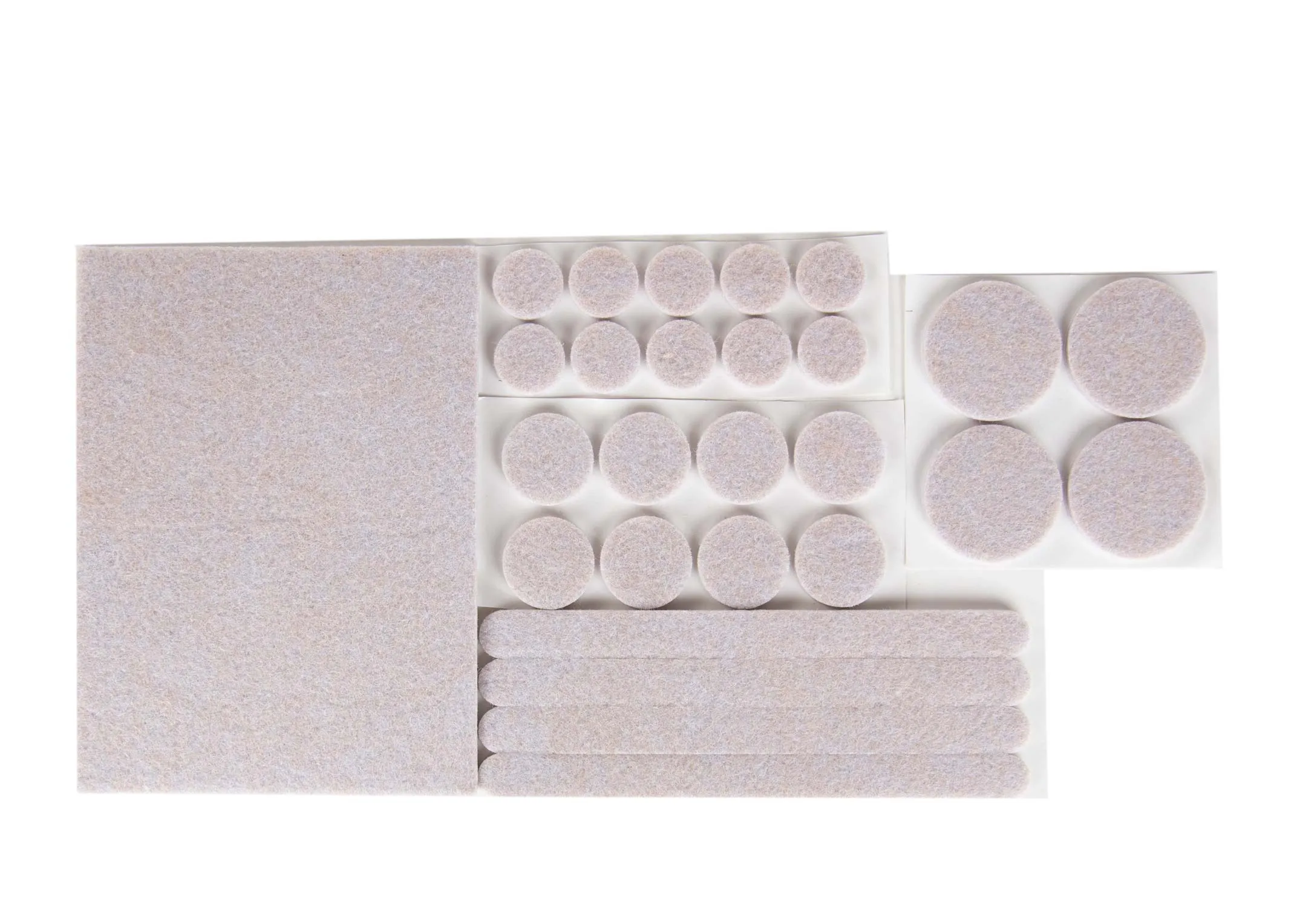 The contents of the self adhesive furniture pads from EZ Living Furniture's Home Range. Front view of 27 pieces