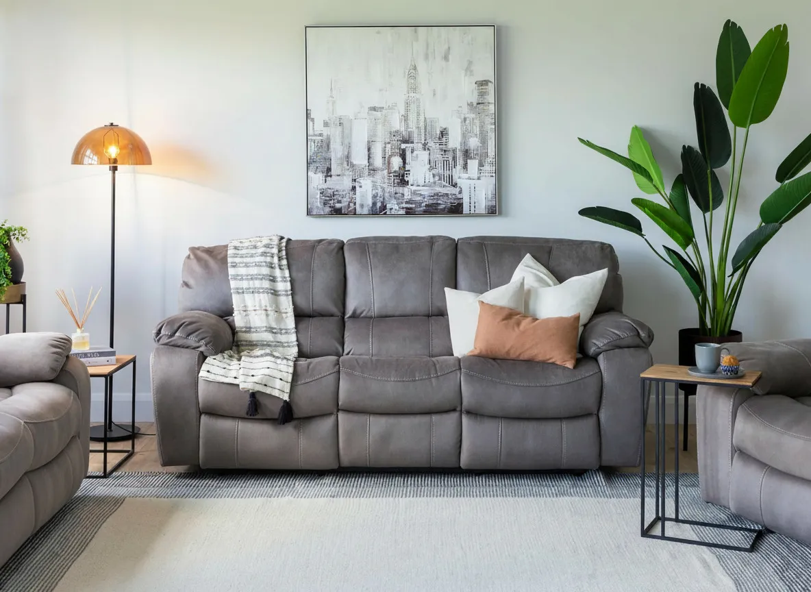 Zoom detail of reclining mechanism of 3 seater grey suede reclining Bradford sofa