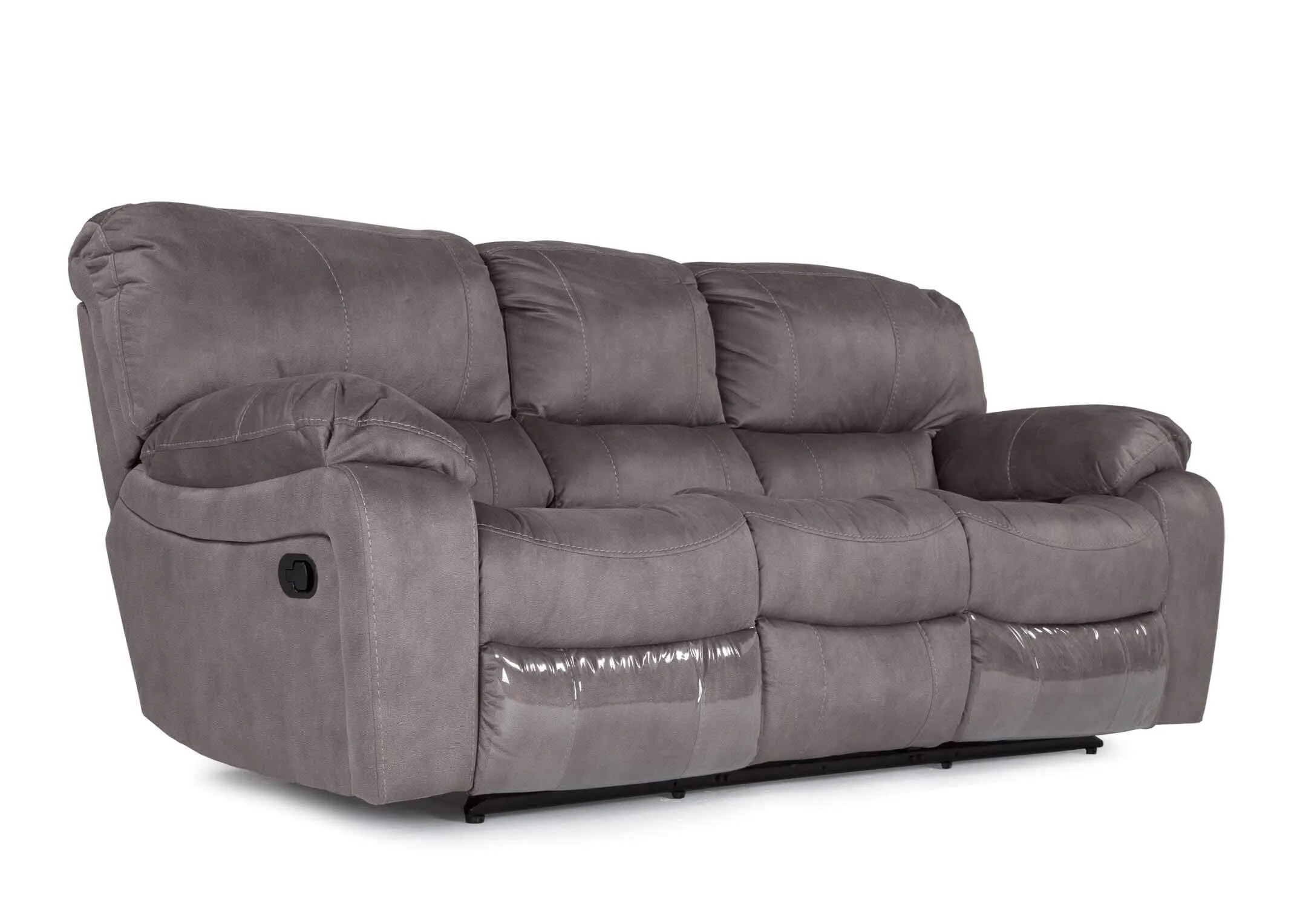 Side angle view of 3 seater grey suede reclining Bradford sofa