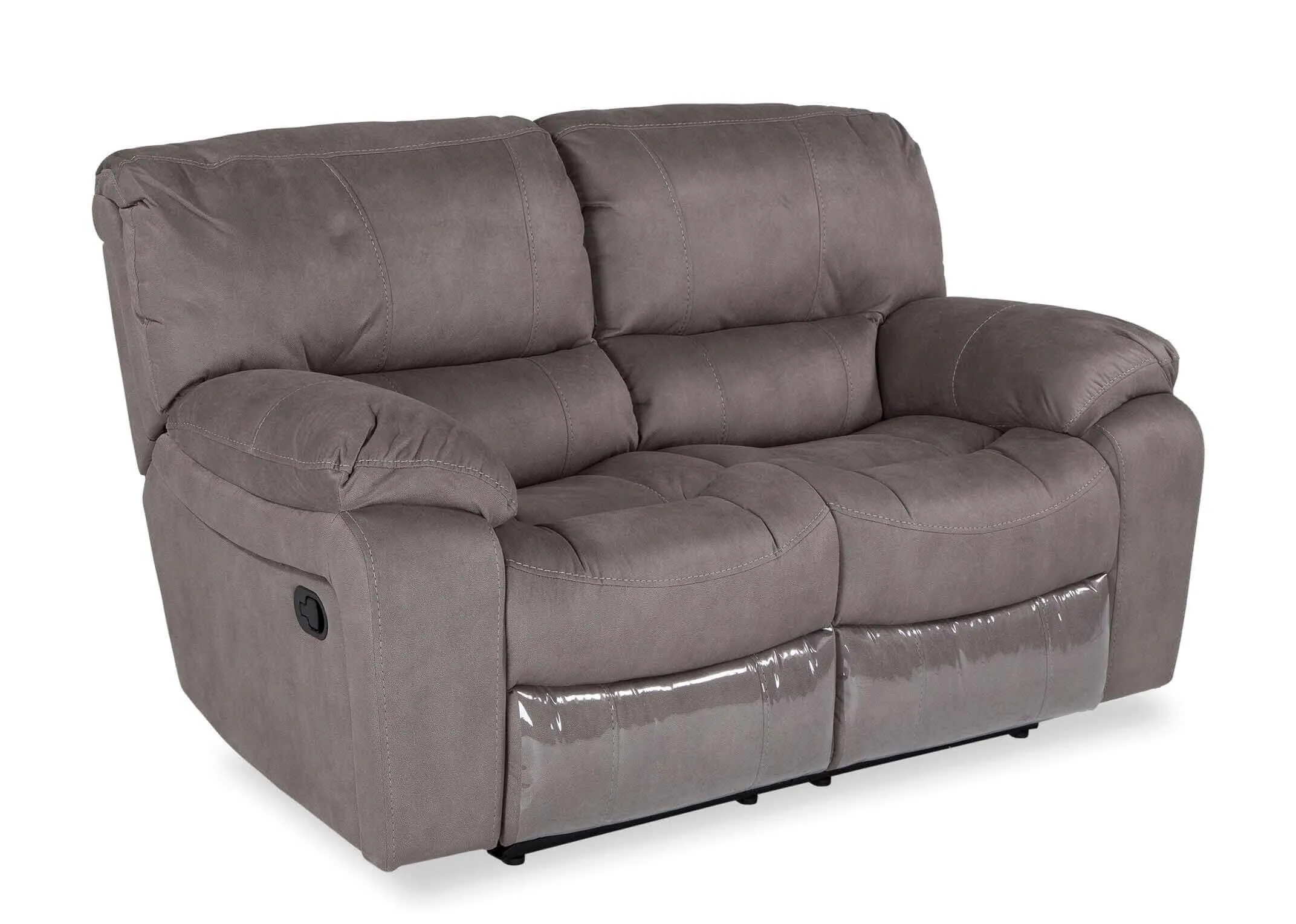 A lifestyle image of the Bradford grey 2 seater sofa reclined with the Aston tables & Mellan floor lamp.