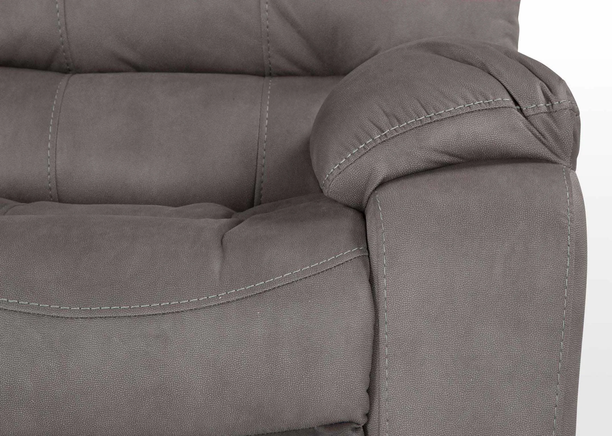 Angle shot of the Bradford grey 2 seater recliner with black reclining handle and black feet underneath