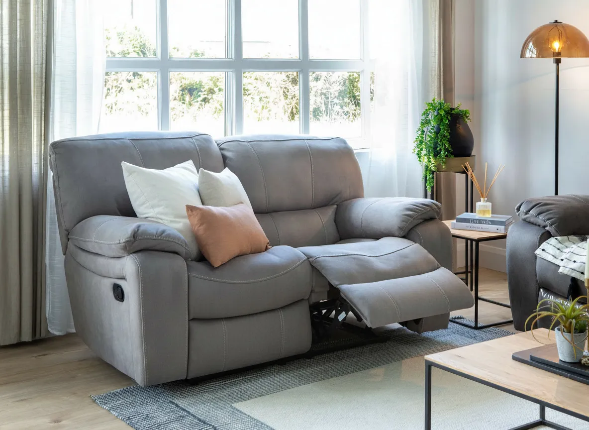 2 Seater Grey Suede Fabric Reclining Sofa - Bradford