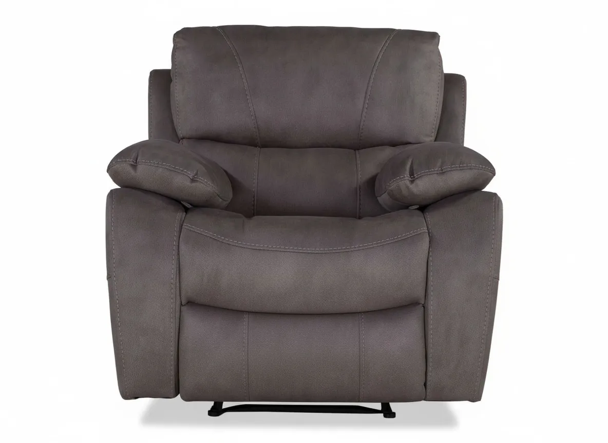 Close up detail of recliner mechanism of grey suede fabric Bradford reclining armchair