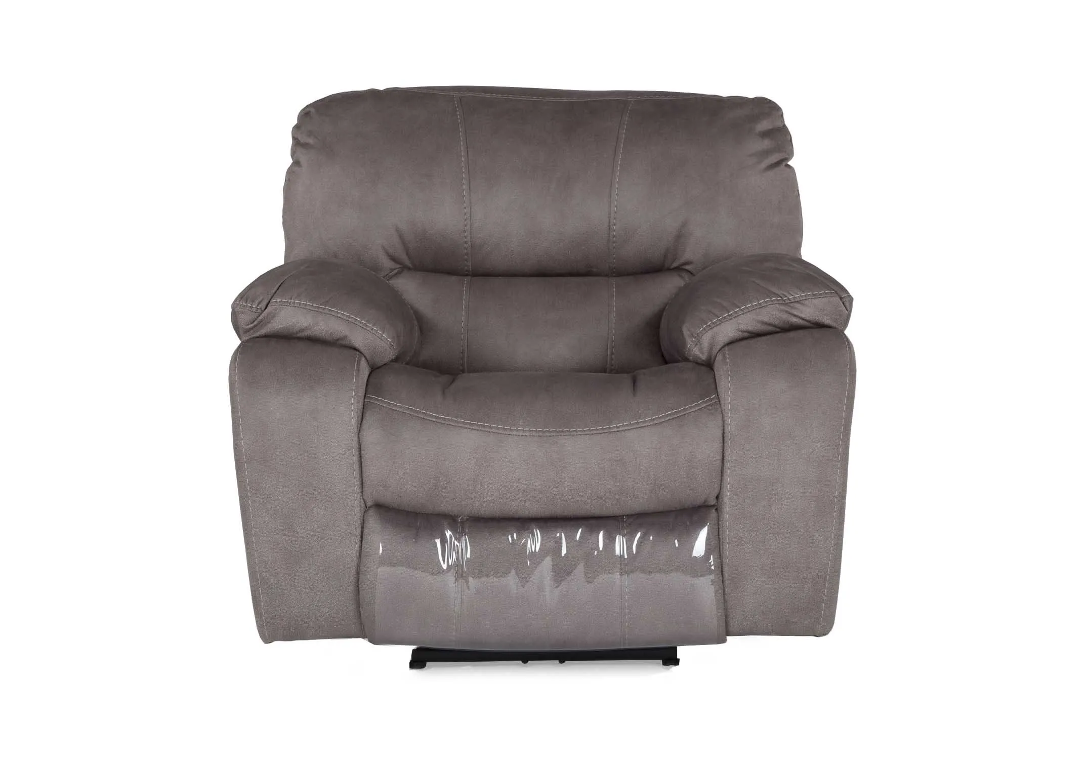 A lifestyle image of the Bradford grey armchair reclined with the Aston tables & Mellan floor lamp.
