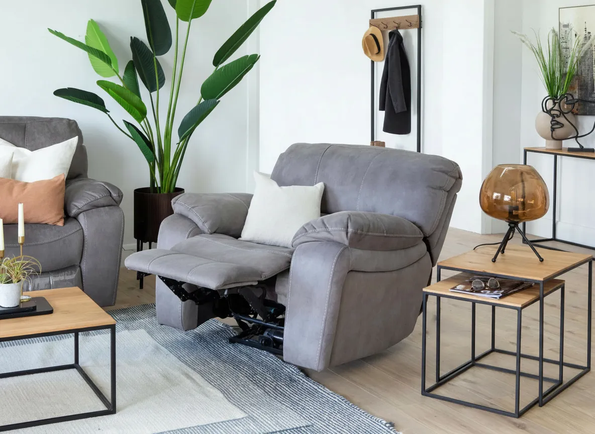 Seat and arm-rest view of grey suede fabric Bradford reclining armchair