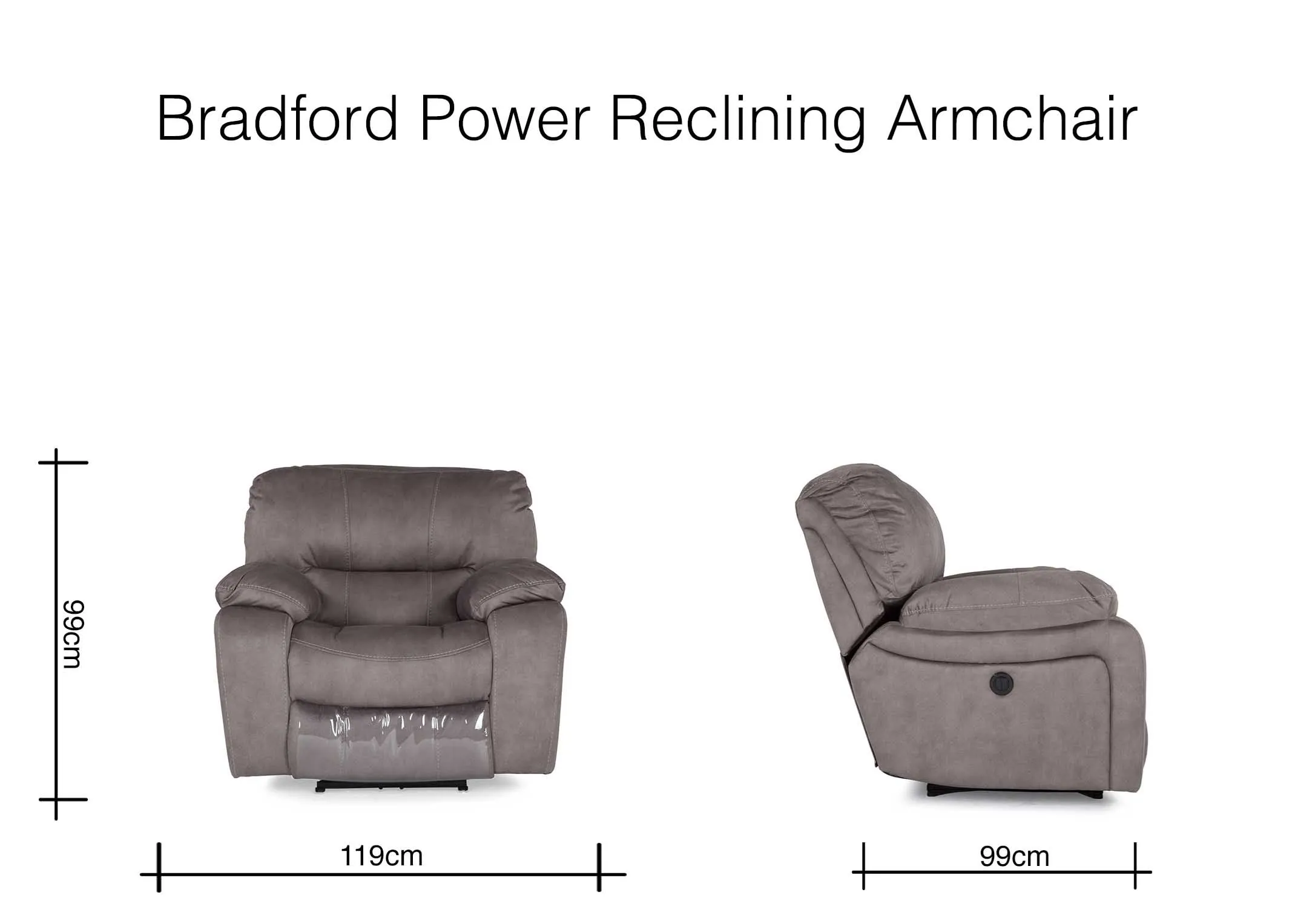 Angled view of grey suede Bradford power reclining armchair