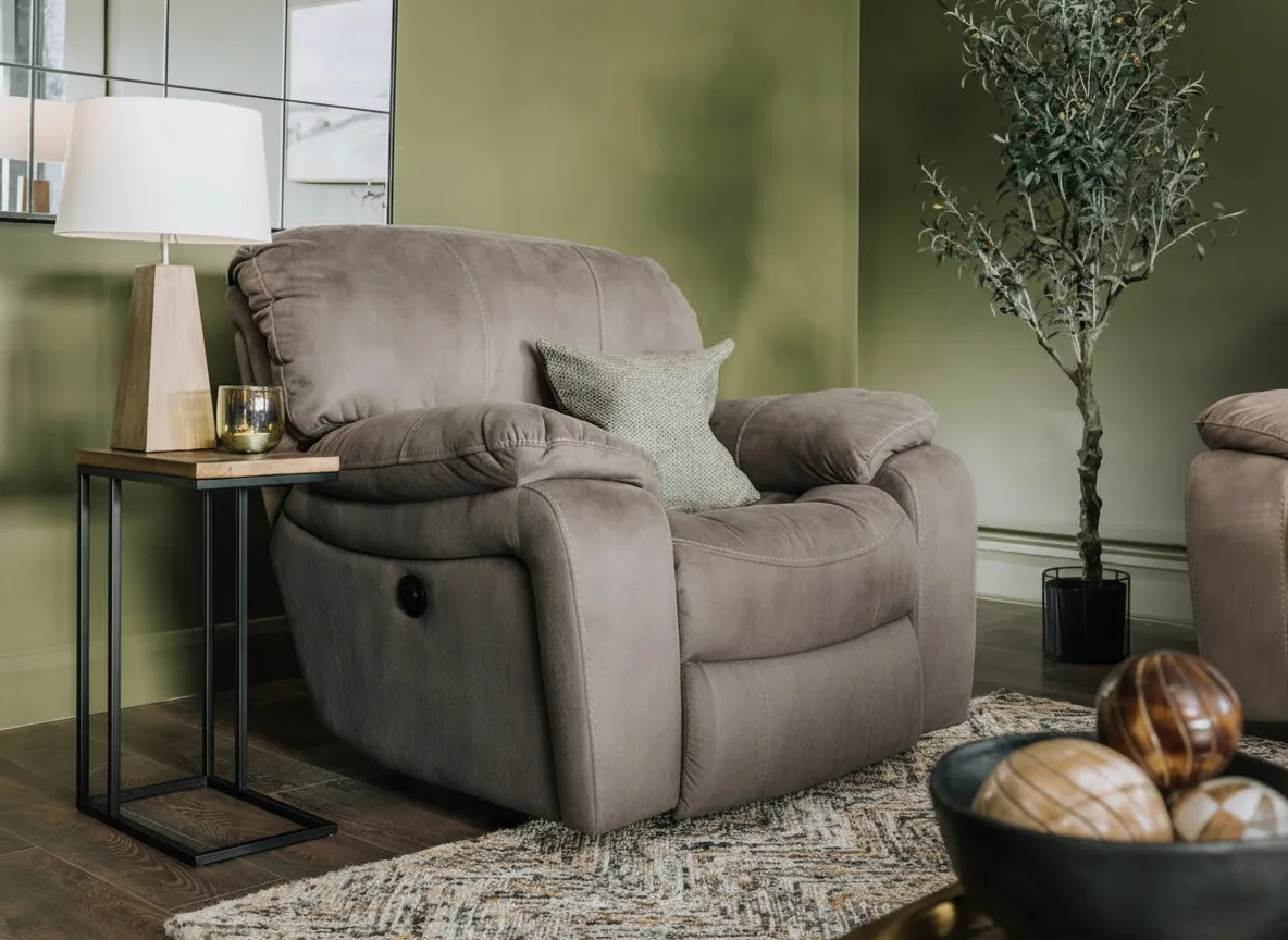 Zoom-angle detail of grey suede Bradford power reclining armchair 