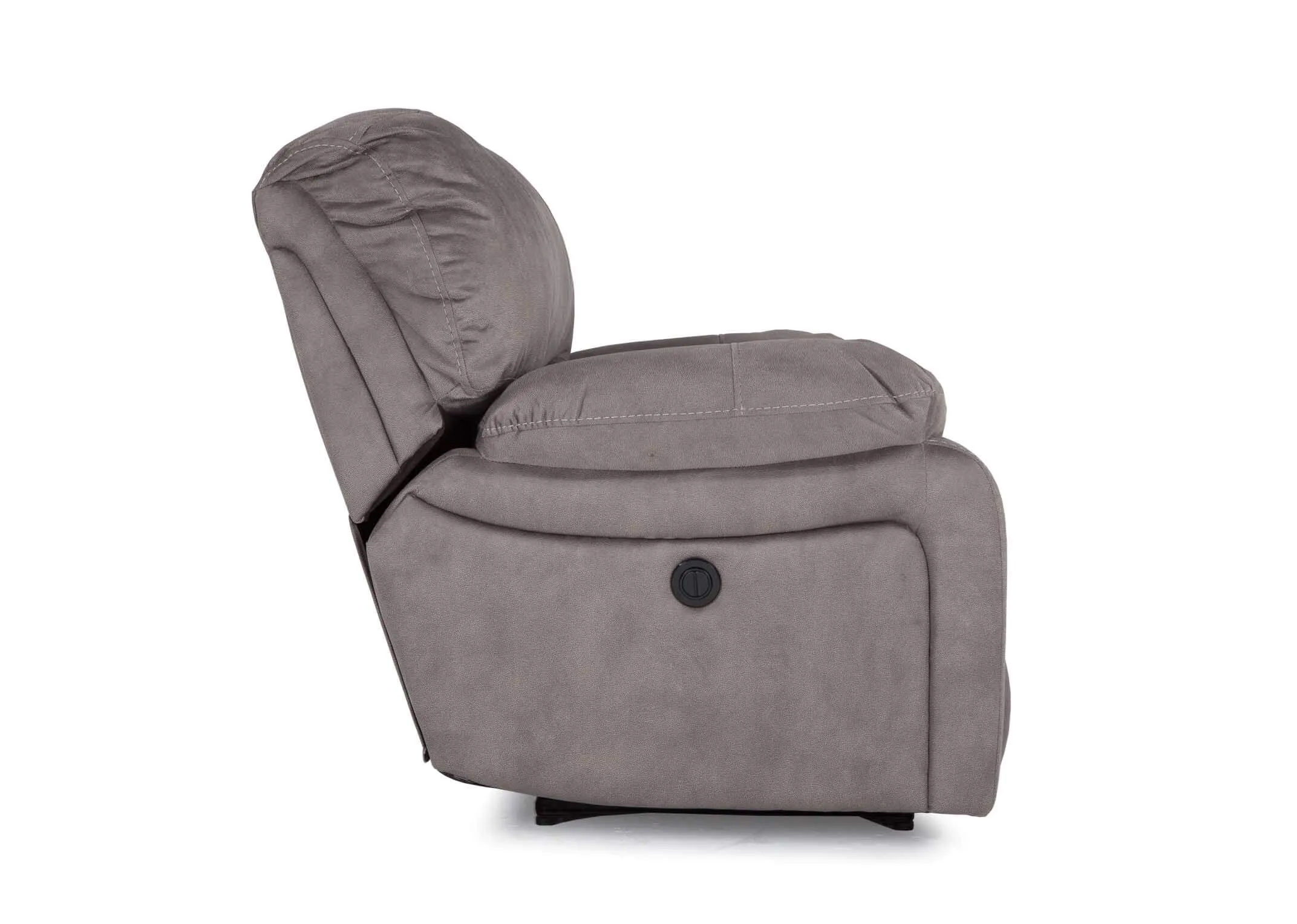 View from rear of grey suede power reclining Bradford armchair