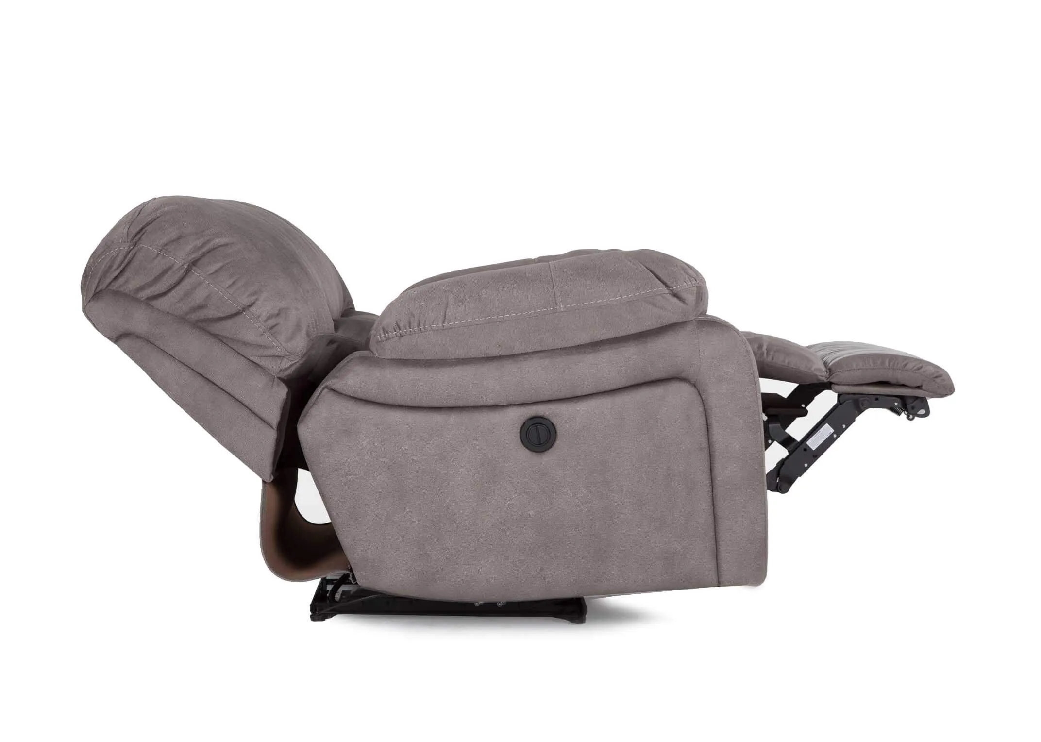 Fully reclined grey suede power reclining Bradford armchair