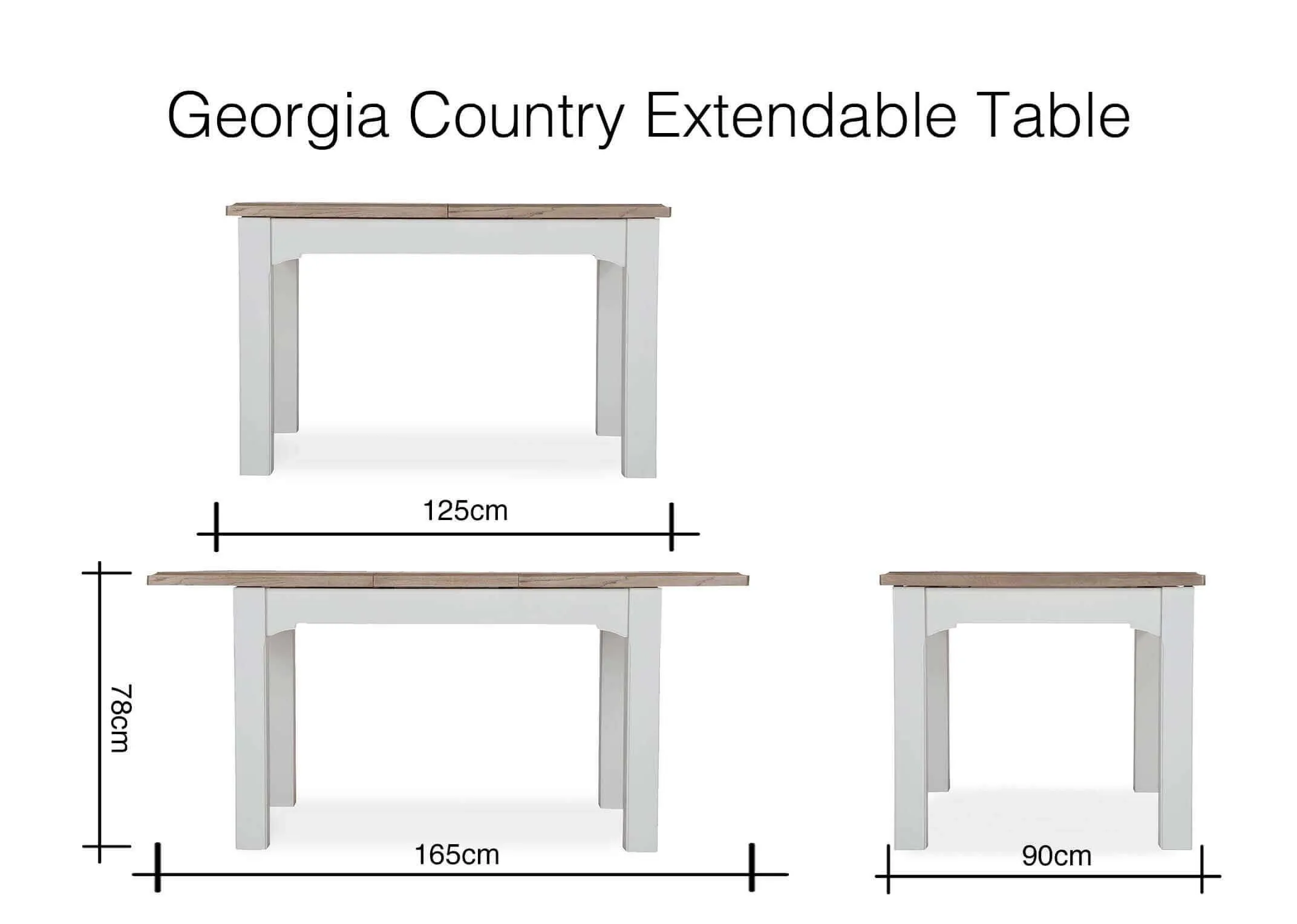Dimension image for the Georgia country style extendable table 78cm (Height) x 125cm (Width) x 165cm (Extended) x 90cm (Depth