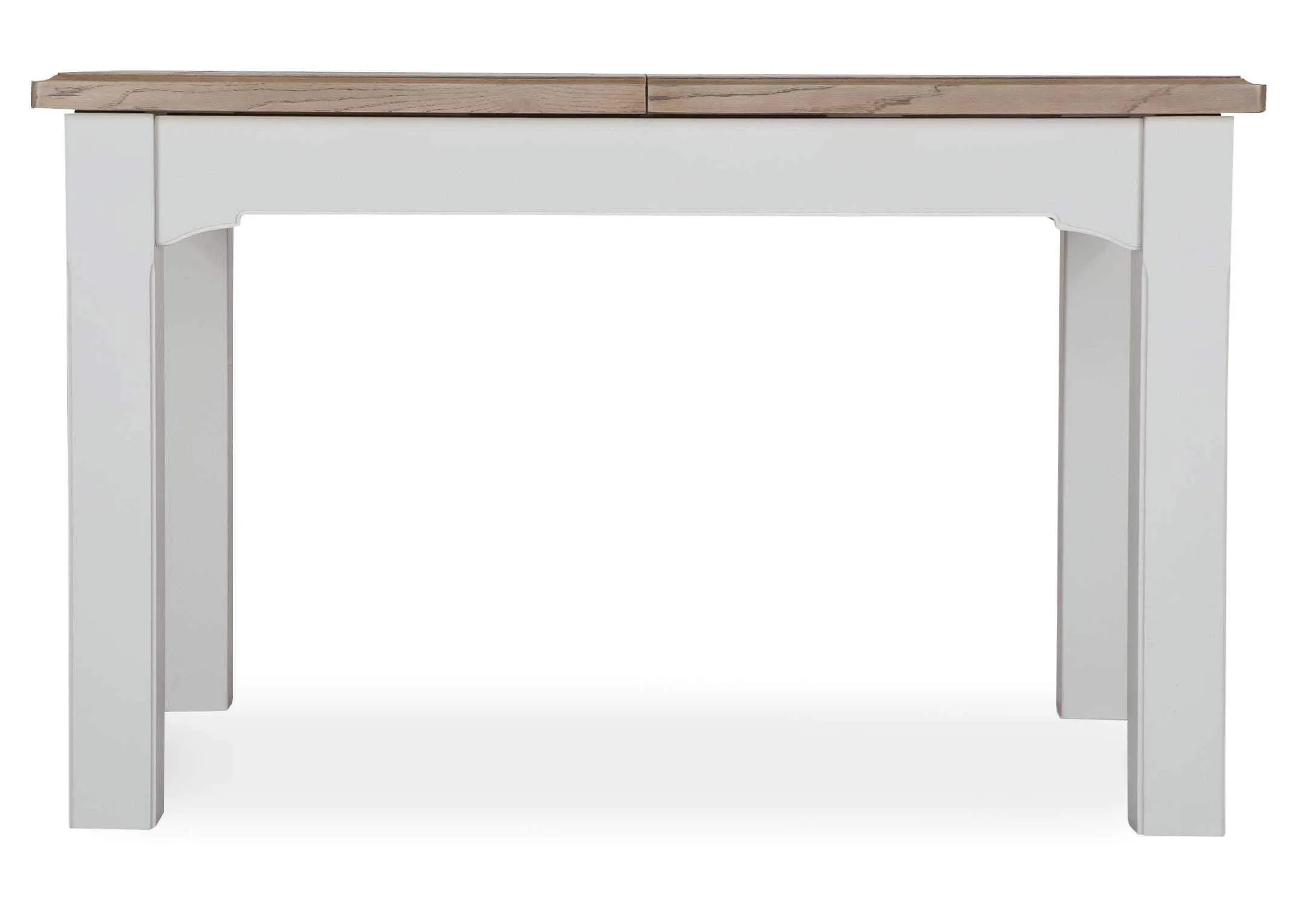 Angled view of the front of the dual coloured solid oak Georgia dining table