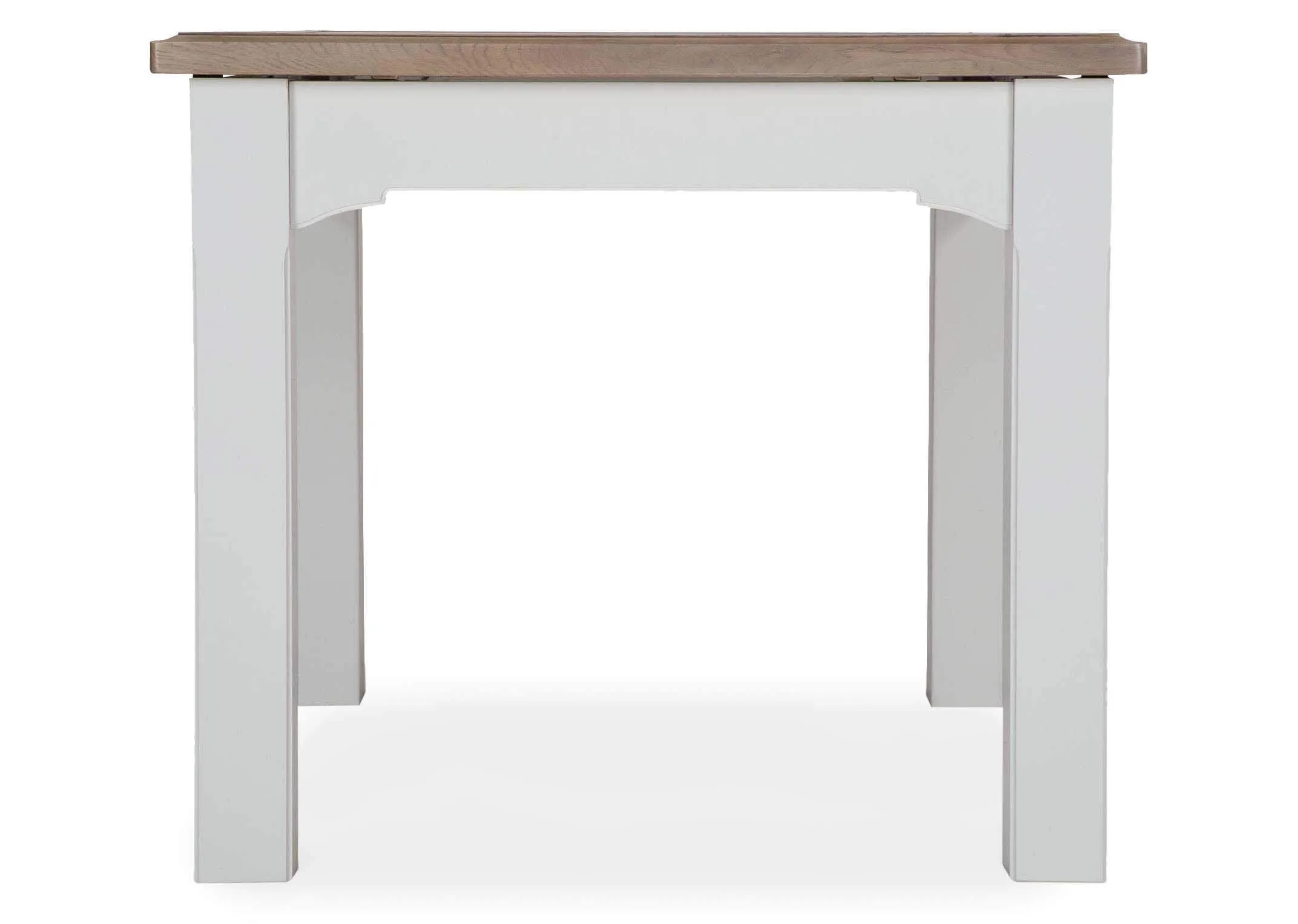 View from side of the front of the dual coloured solid oak Georgia dining table