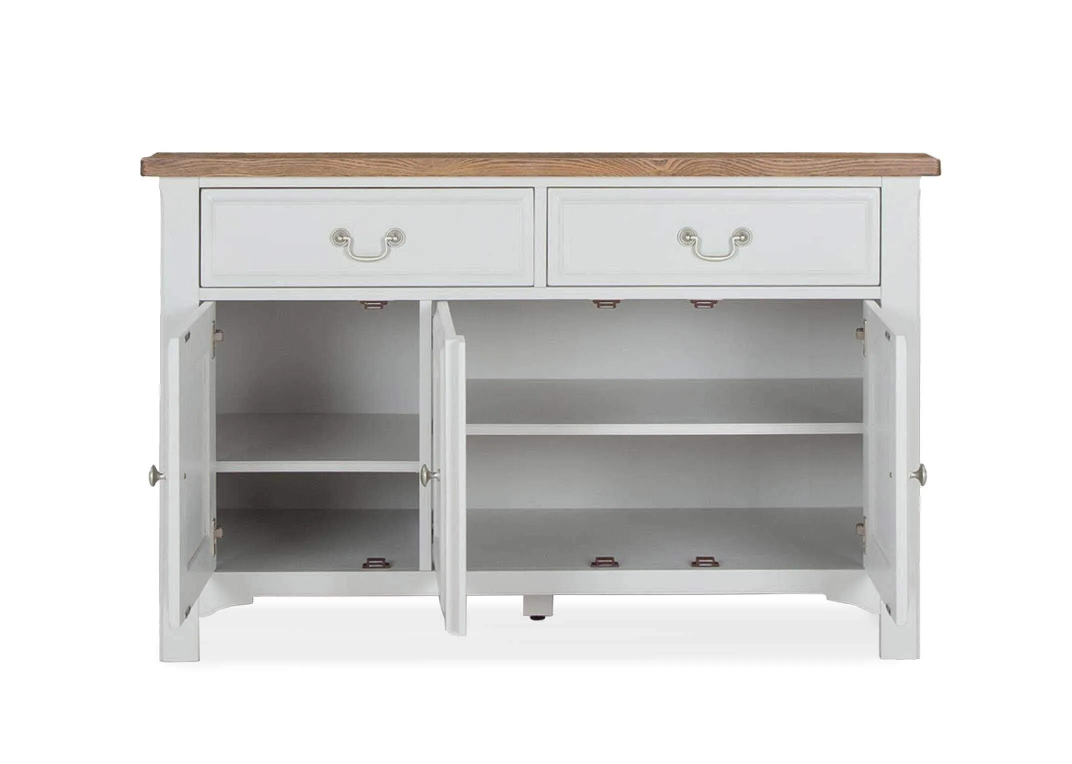 Close-up view of open drawer of the grey oak large Georgia sideboard