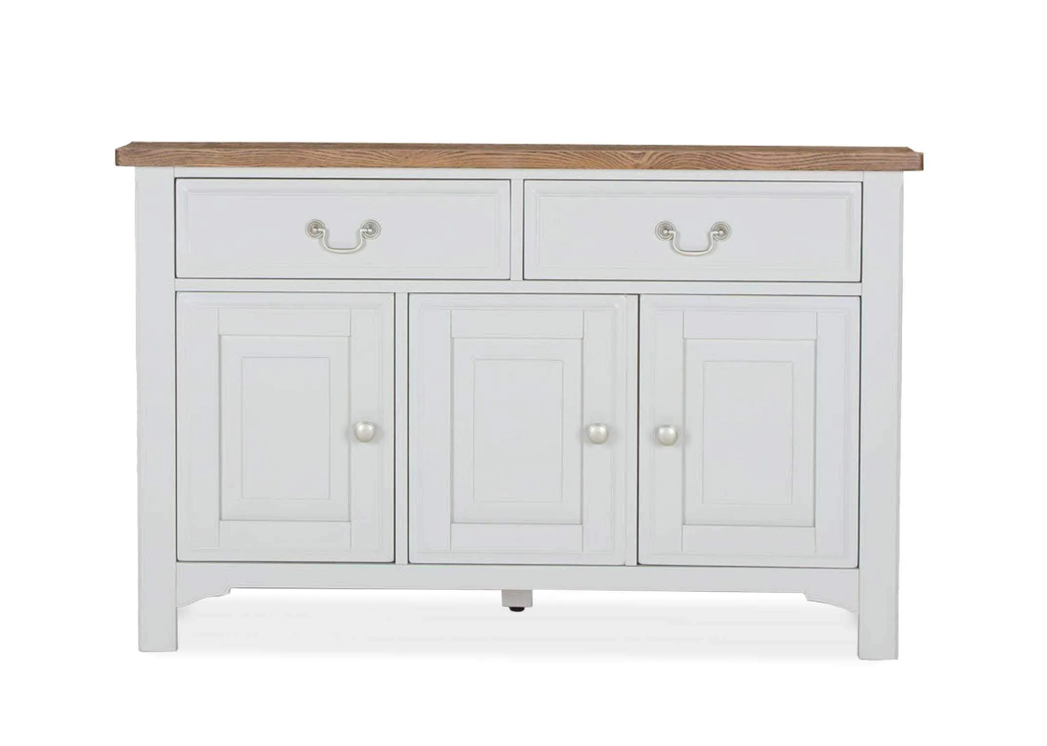 Close up view of corner and surface of the two drawer three door grey oak large Georgia sideboard