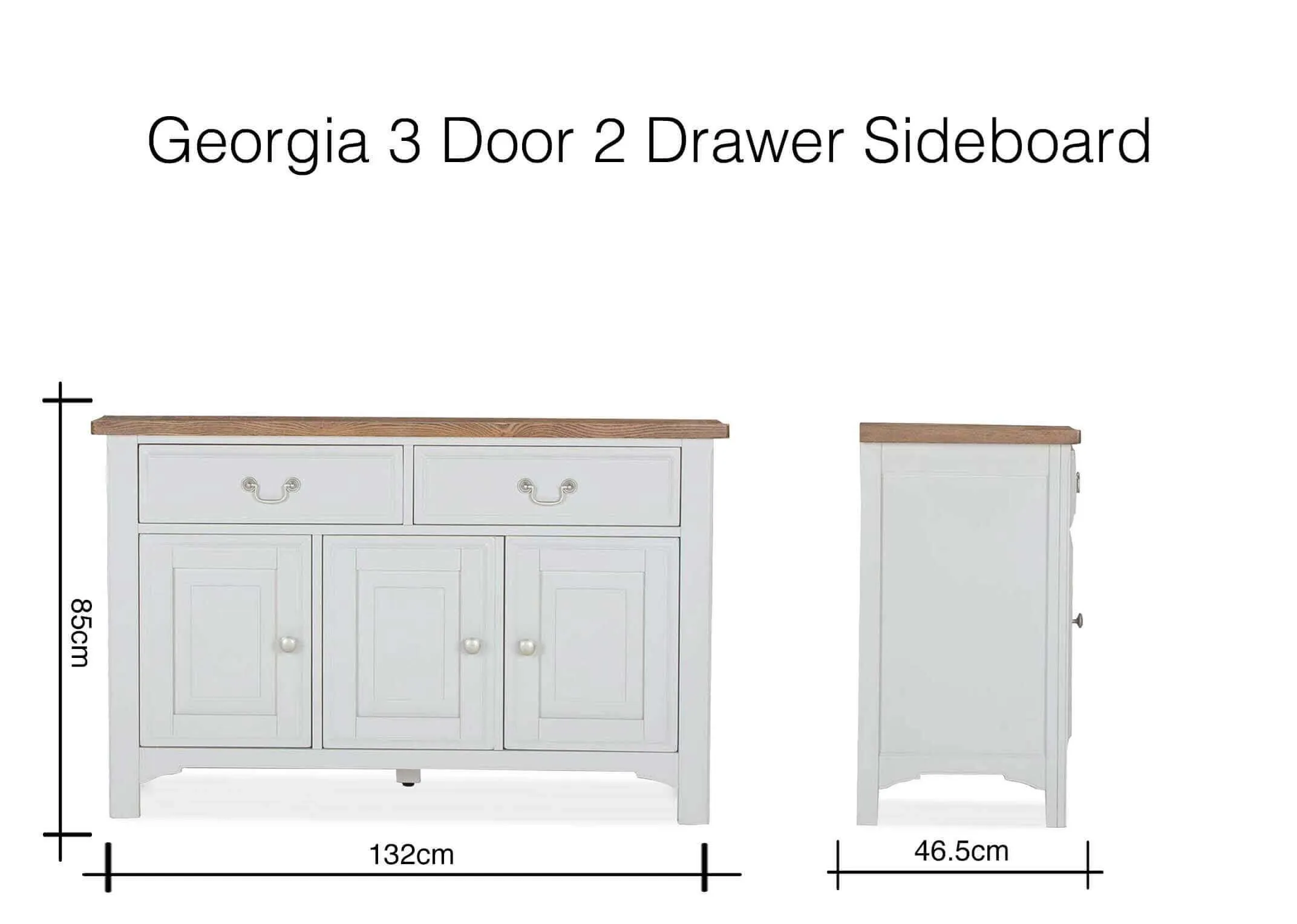 Dimension image for the Georgia 3 door 2 drawer sideboard 85cm (Height) x 132cm (Width) x 46.5cm (Depth)