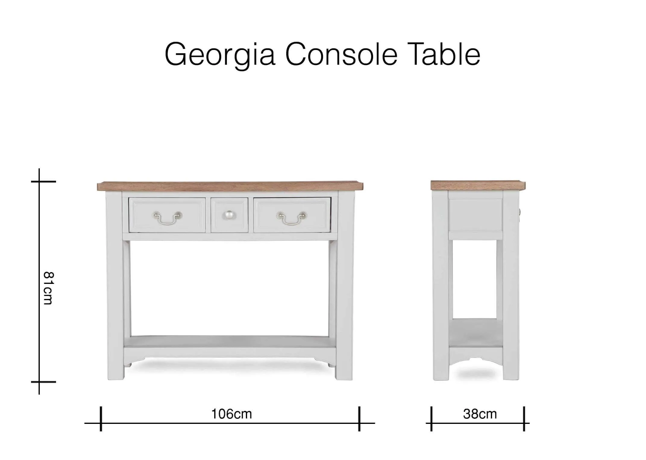 A dimension image of the solid oak 3 drawer Georgia console table 81cm (Height) x 106cm (Width) x 38cm (Depth)