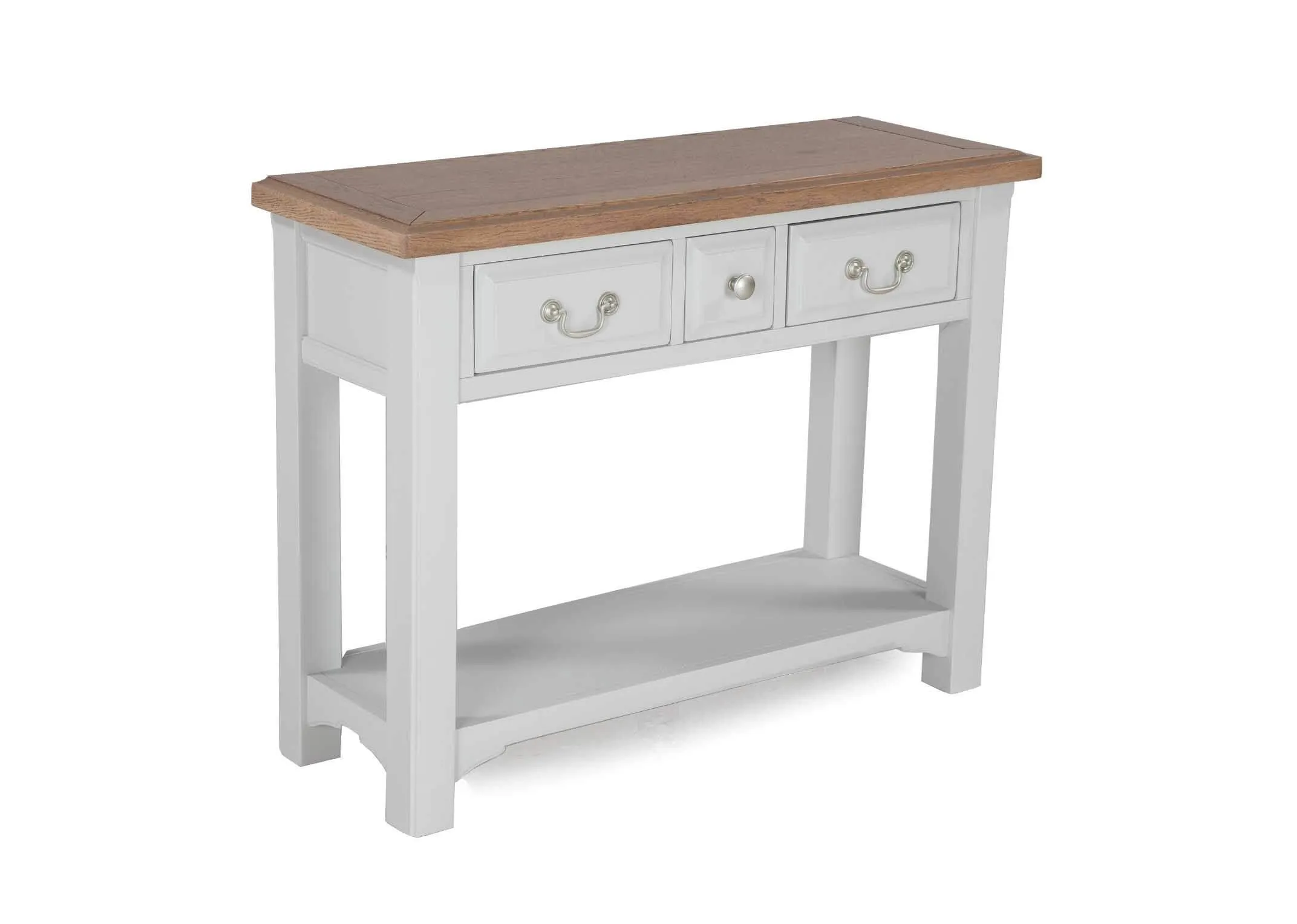 A power shot image showing the solid oak 3 drawer Georgia console table.