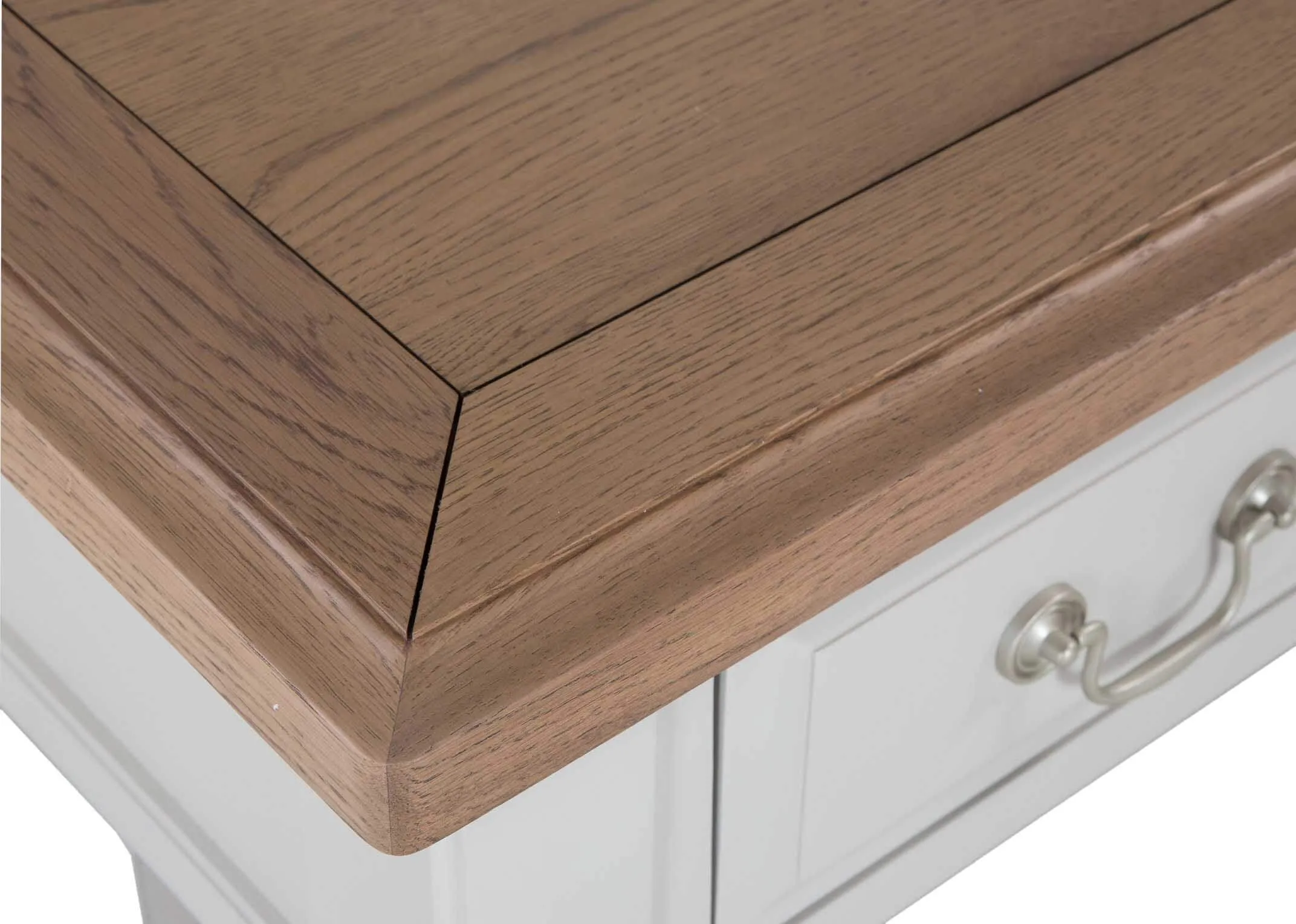A close up from above looking down on the natural finish top of solid oak 3 drawer Georgia console table.