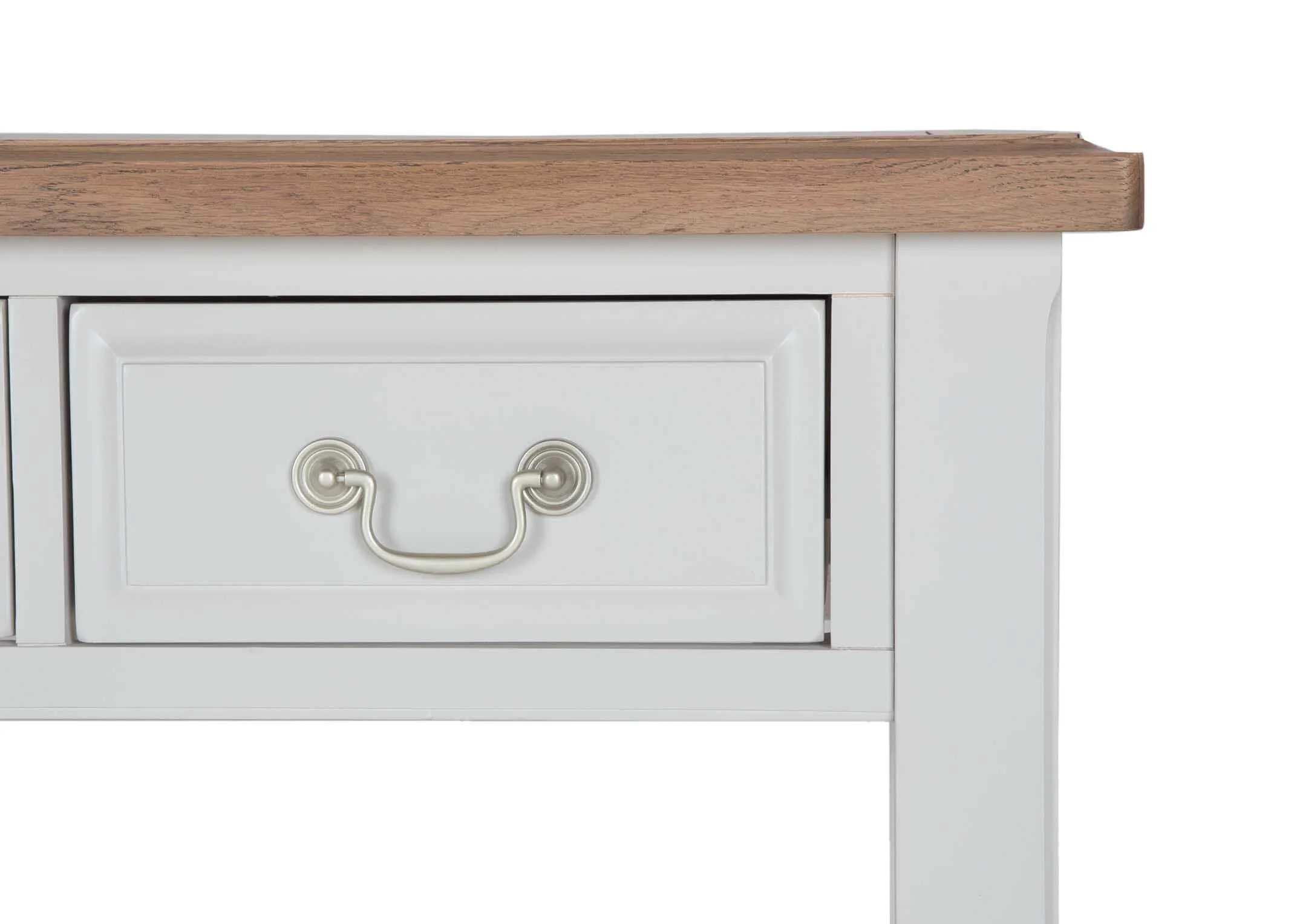 A close up view showing the classic design of the top right hand drawer of the solid oak 3 drawer Georgia console table.