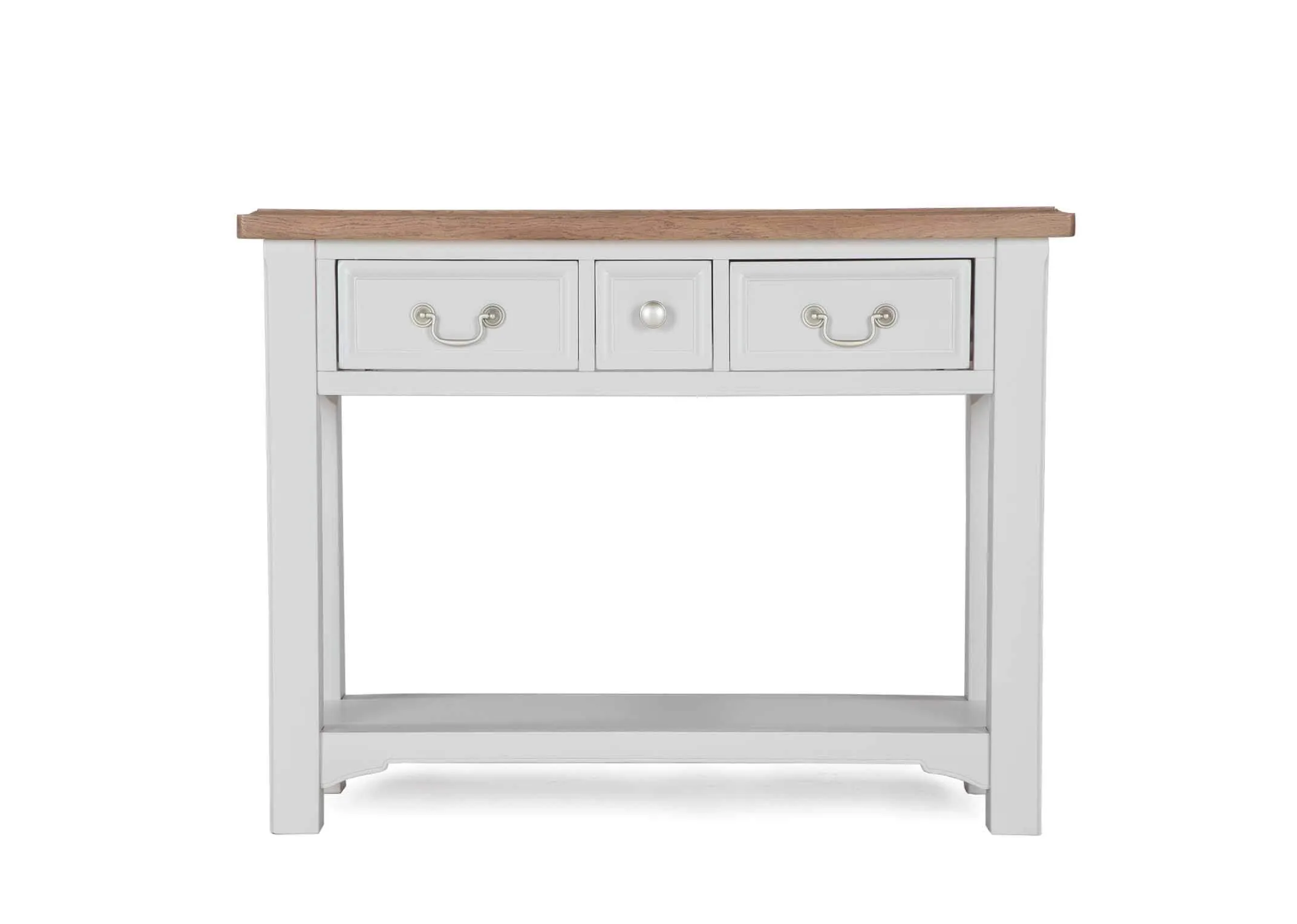 A view from the front of the solid oak 3 drawer Georgia console table.