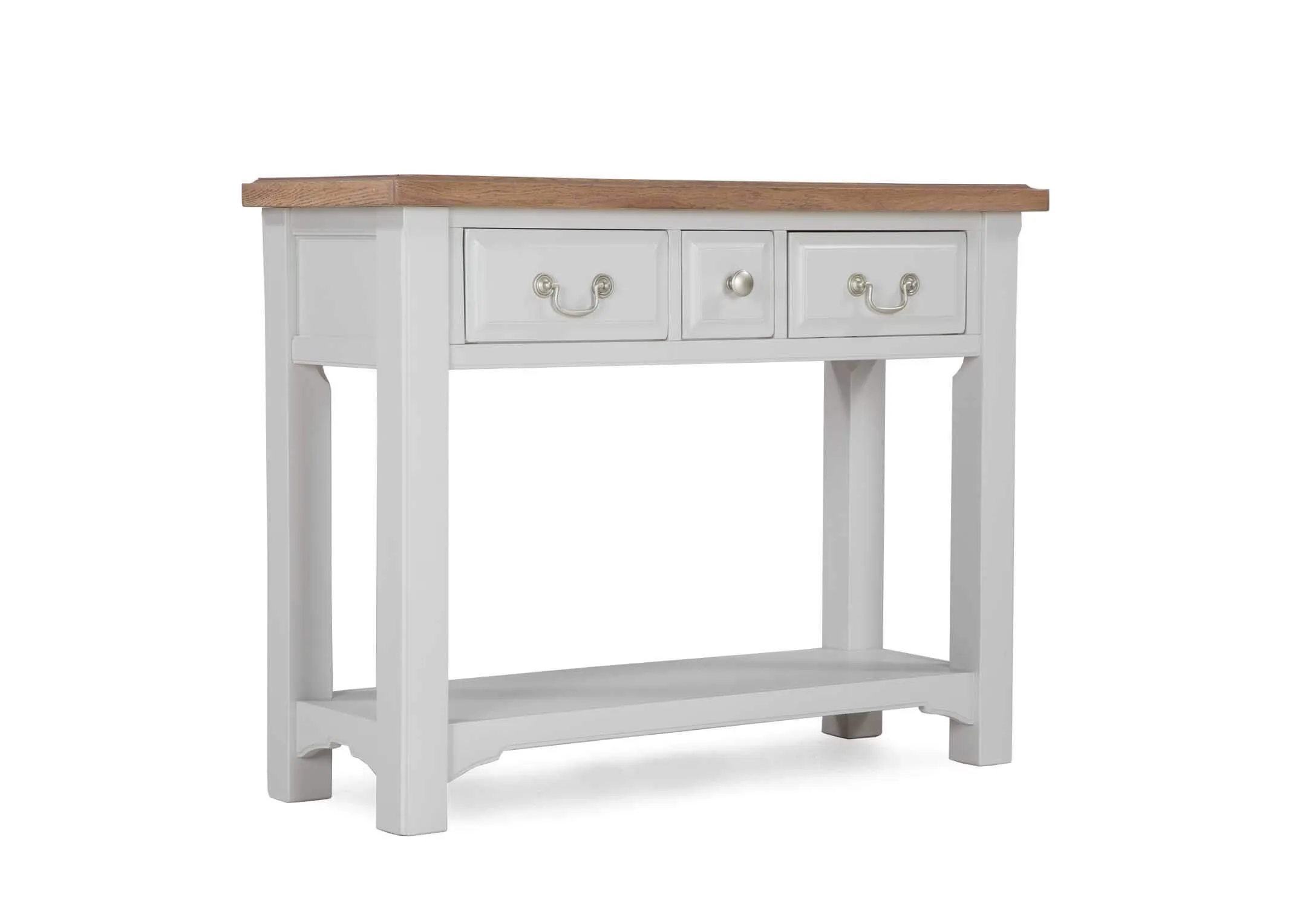 An angled view from the left hand side of the solid oak 3 drawer Georgia console table.