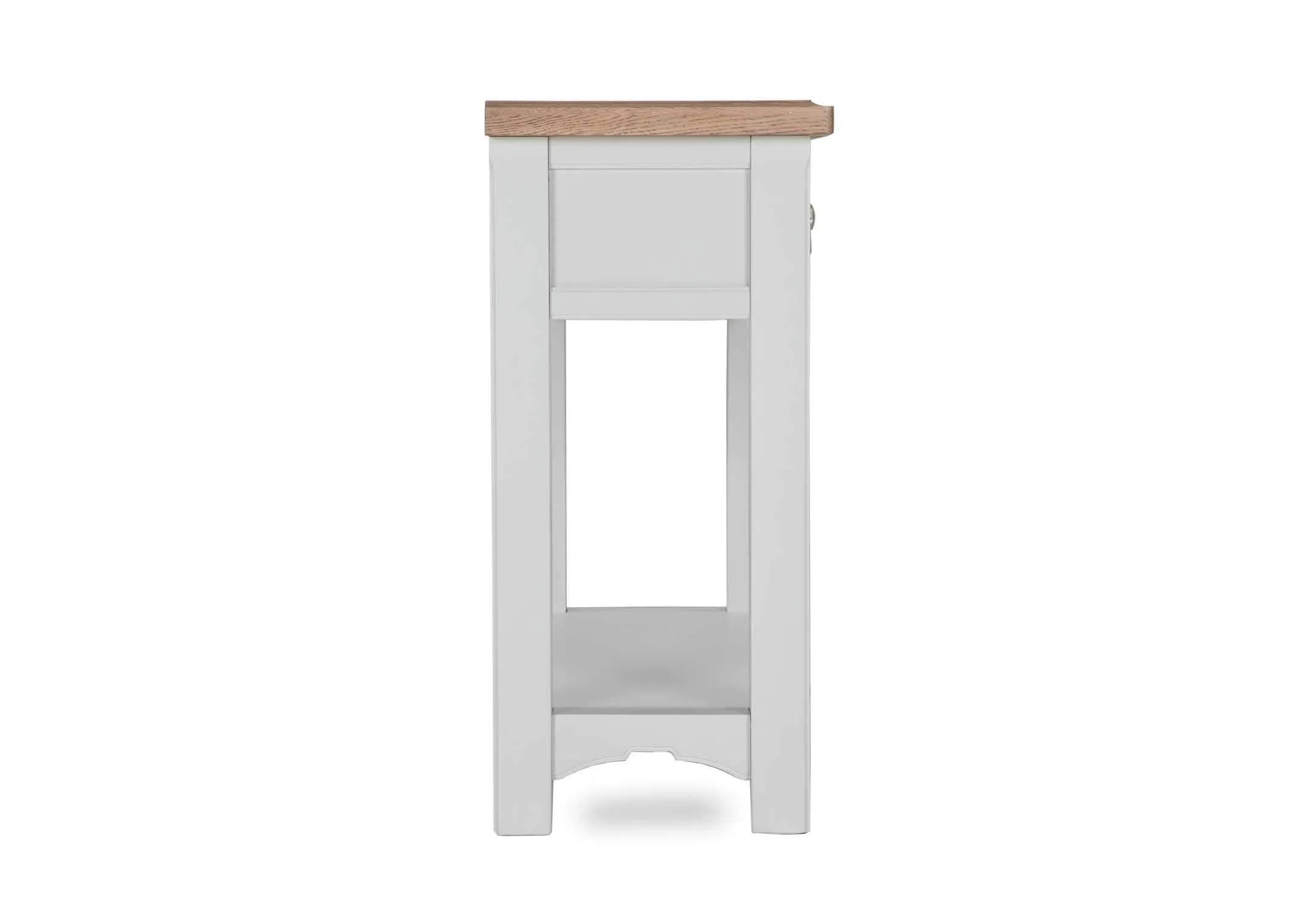 A view from the right hand side of the solid oak 3 drawer Georgia console table.