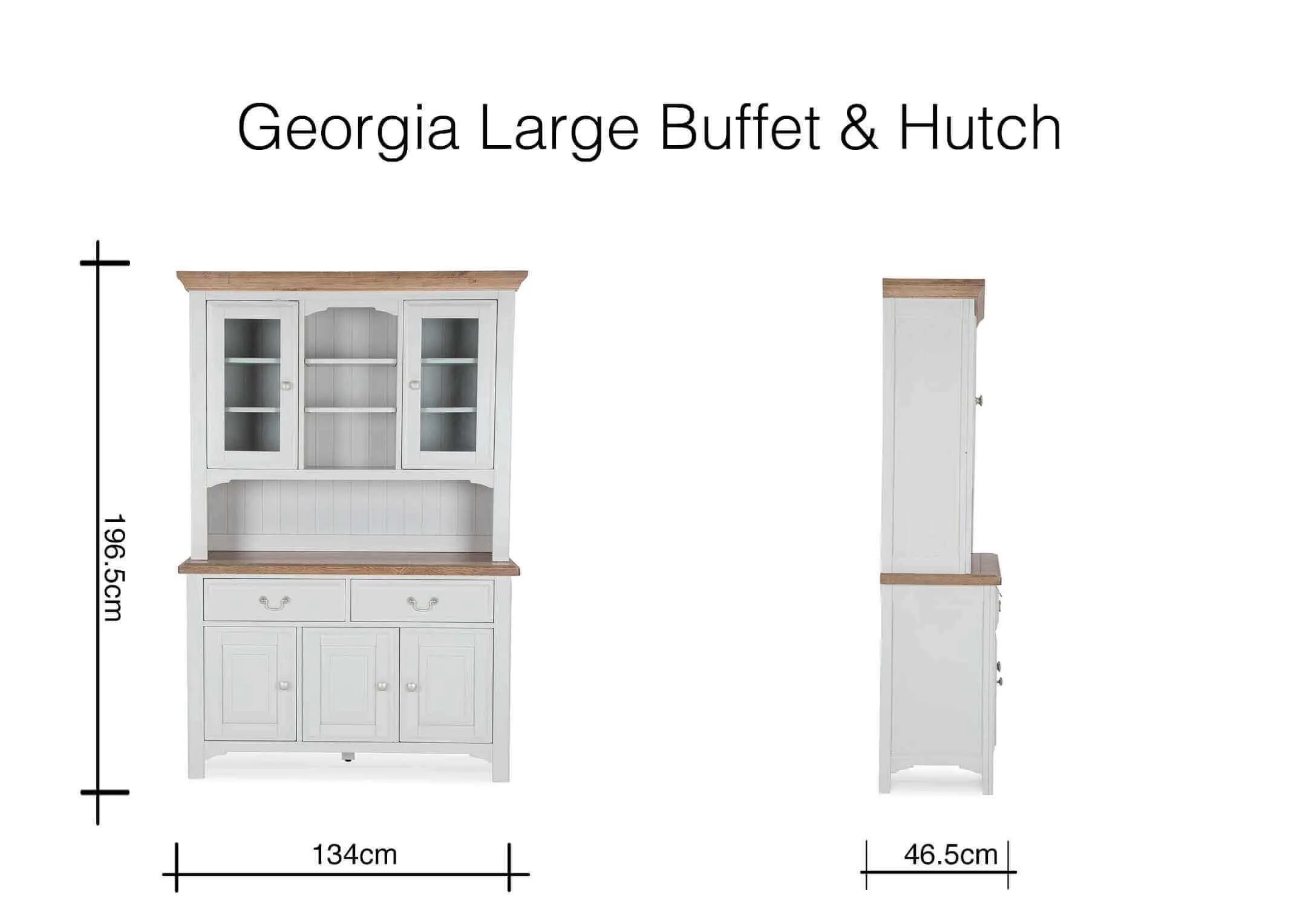 Dimension image for the Georgia Large Buffet and Hutch 196.5cm (Height) x 134cm (Width) x 46.5cm (Depth)