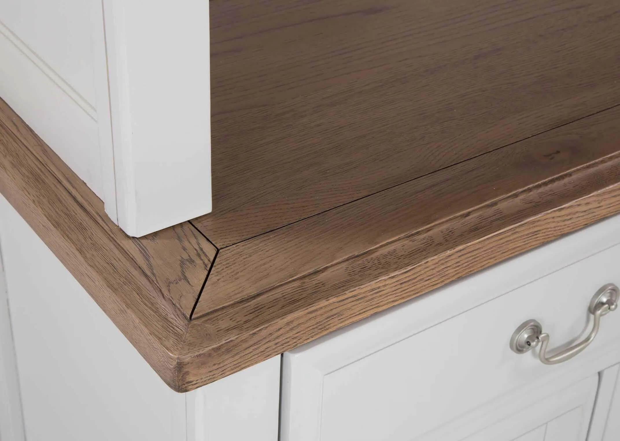 Close-up view of oak surface of the natural grey oak Georgia buffet hutch