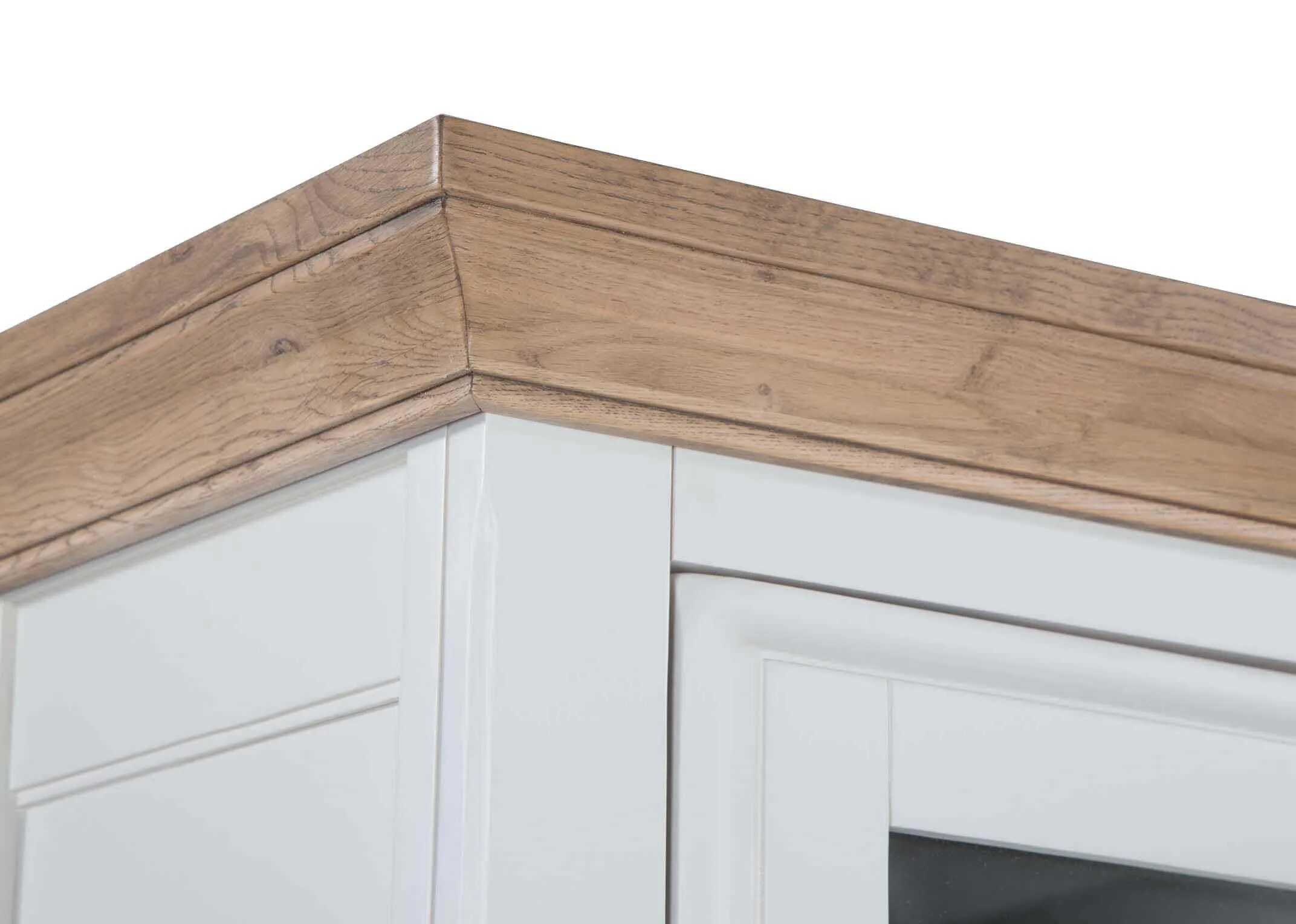 Top corner view of the natural grey oak Georgia buffet hutch