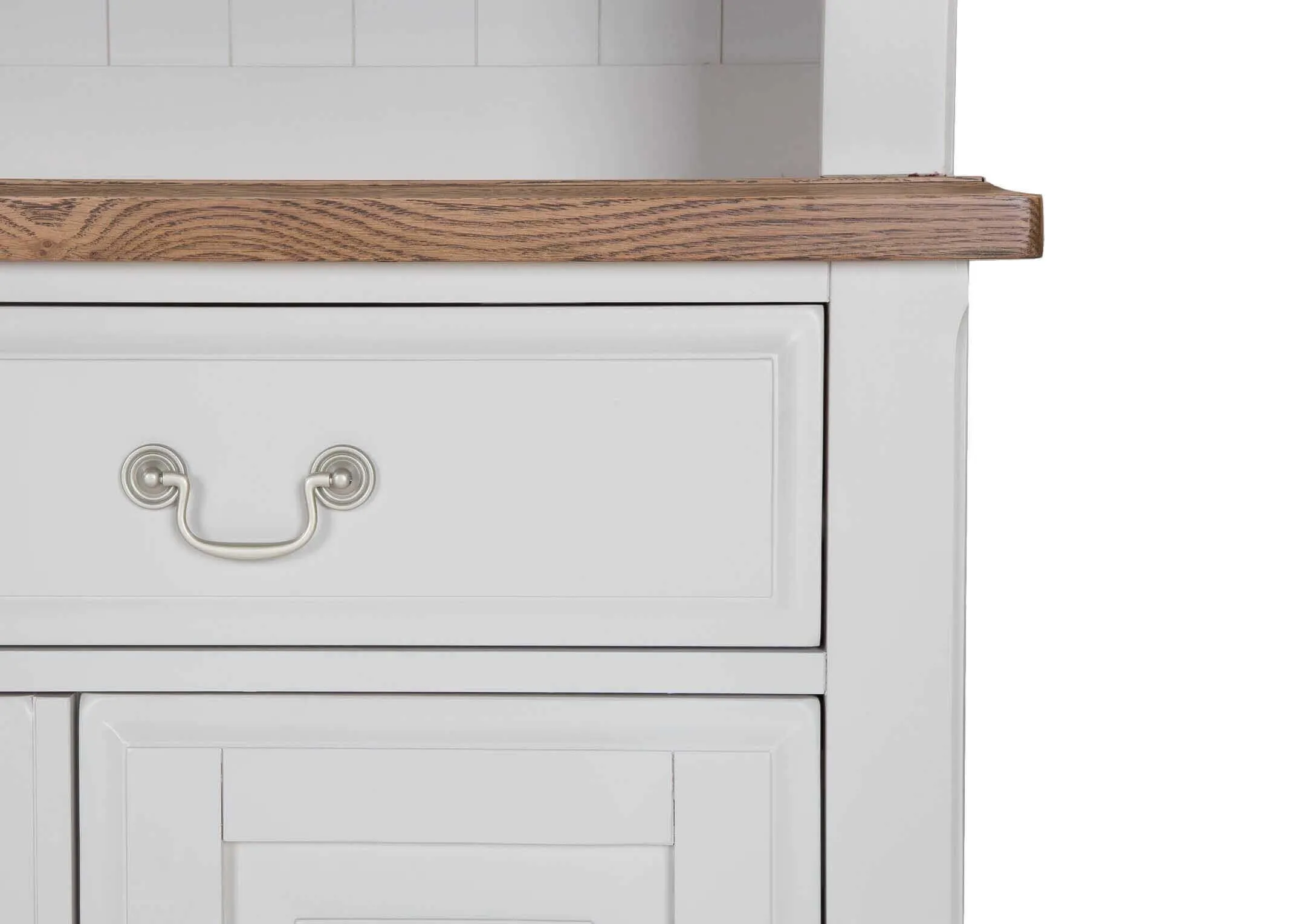 Close-up view of drawer of the grey oak Georgia buffet hutch