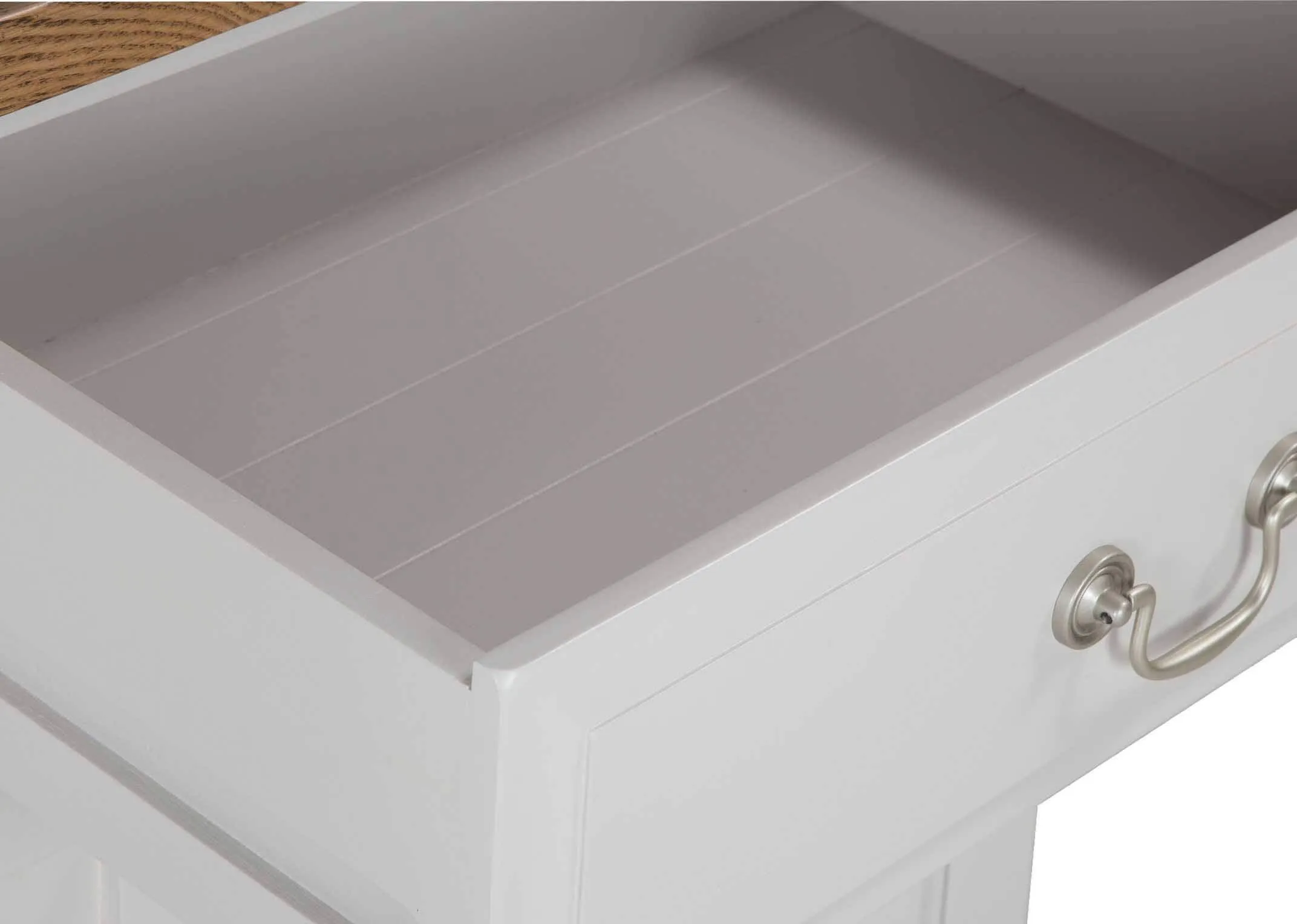 Close-up view of open drawer of the natural grey oak Georgia buffet hutch