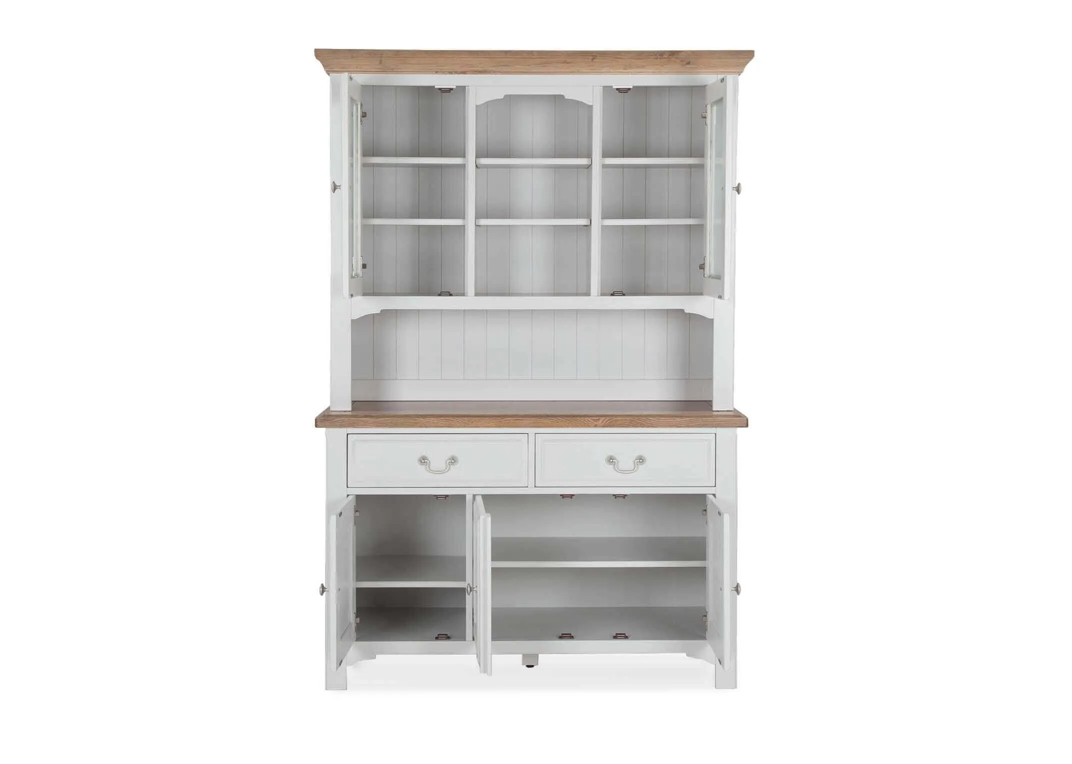 View from front with doors open of the natural grey oak Georgia buffet hutch