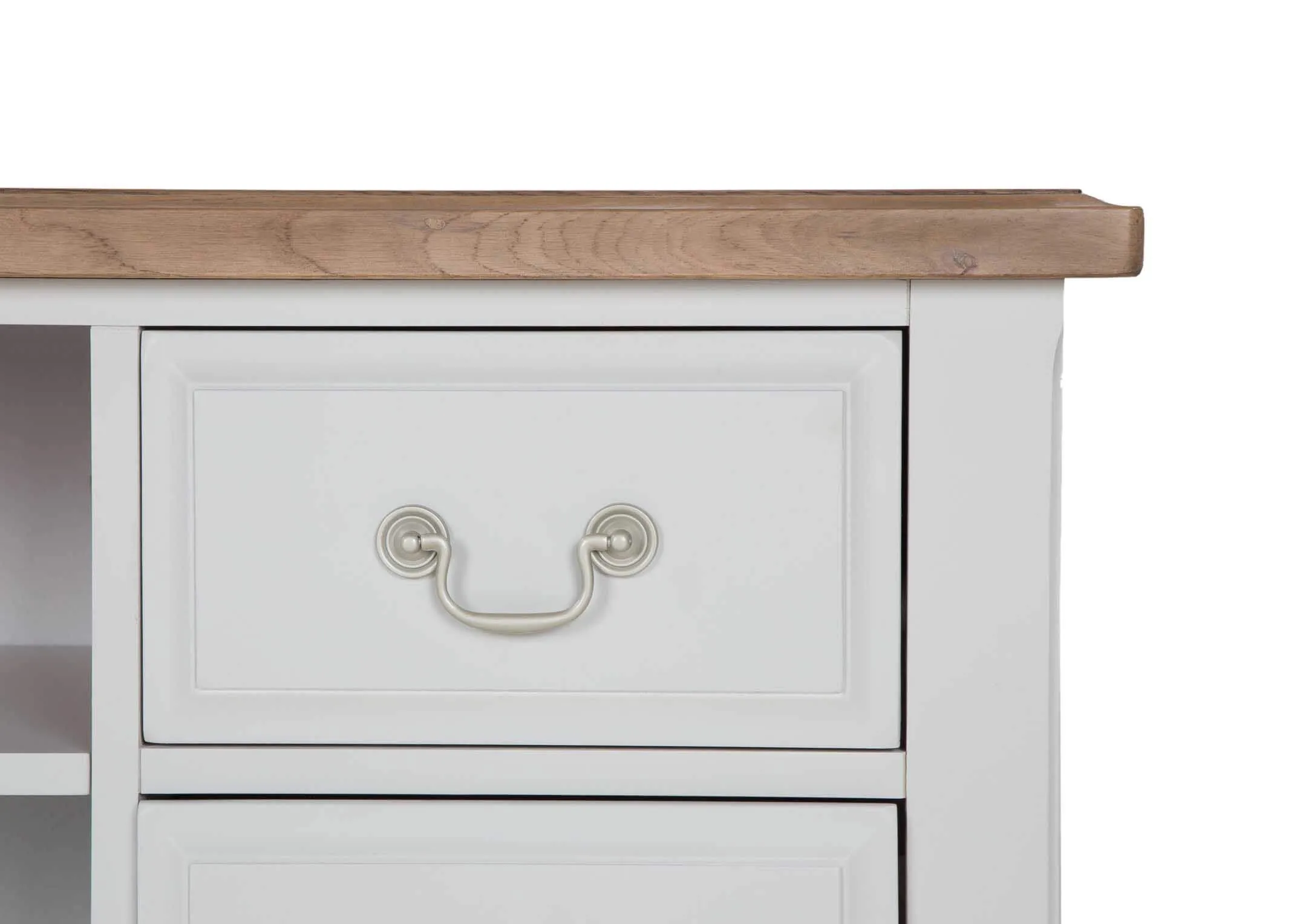 A close up of the grey painted base and natural oak finish top of the Georgia 4 drawer 2 shelf tv unit