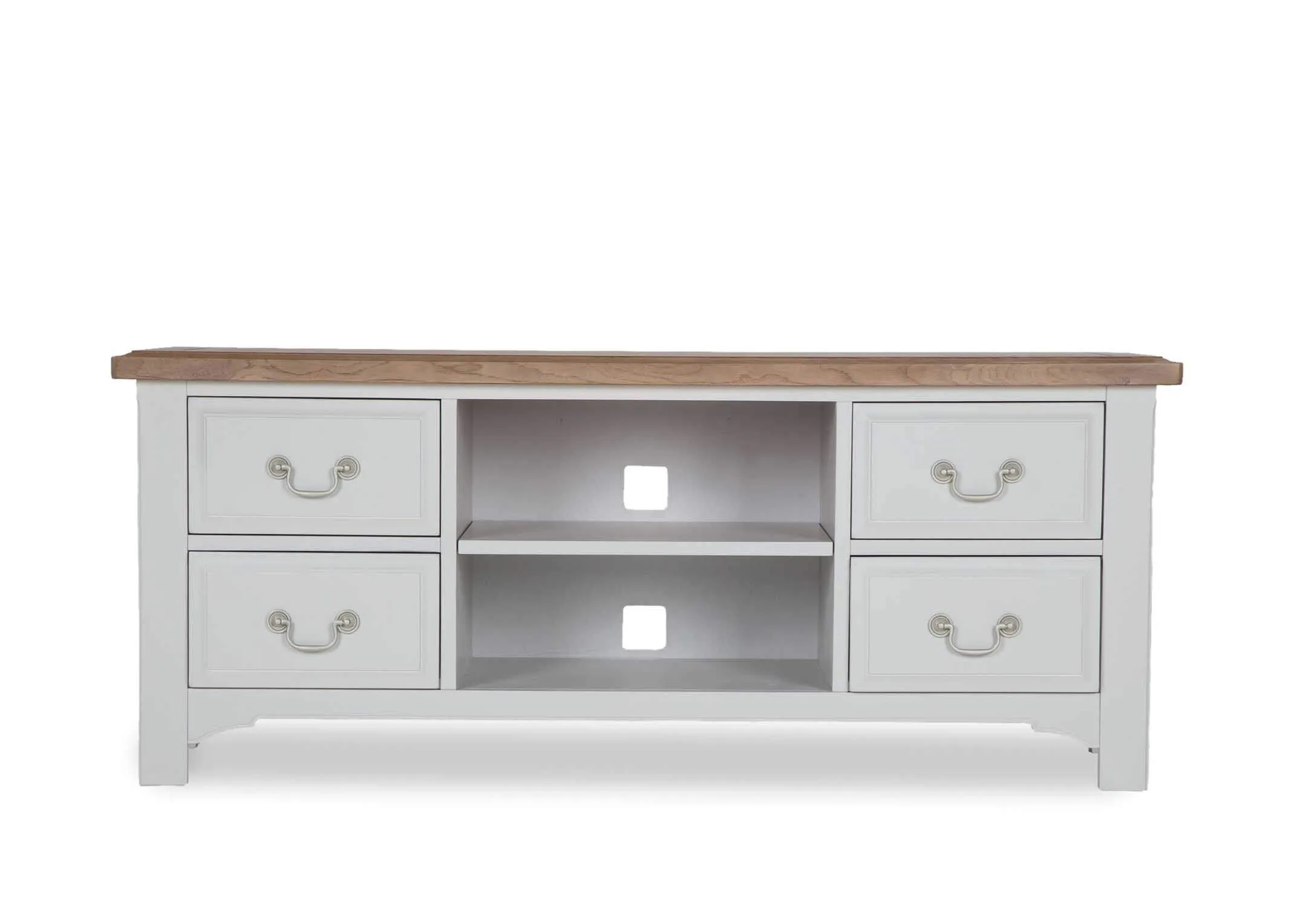 An image showing the front of the grey painted Georgia 4 drawer 2 shelf tv unit
