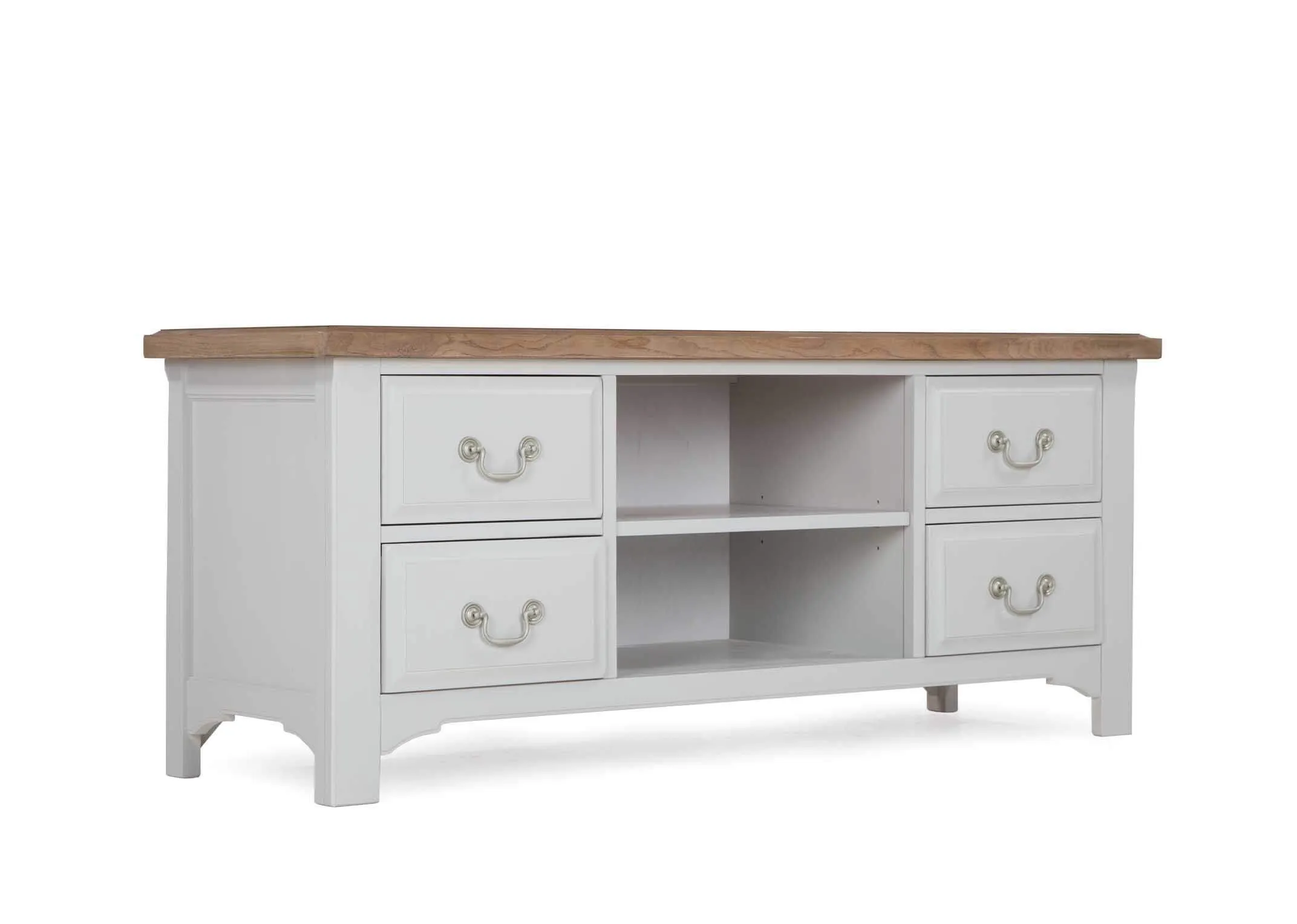 An image taken from the right hand side showing the front of the Georgia 4 drawer 2 shelf tv unit.