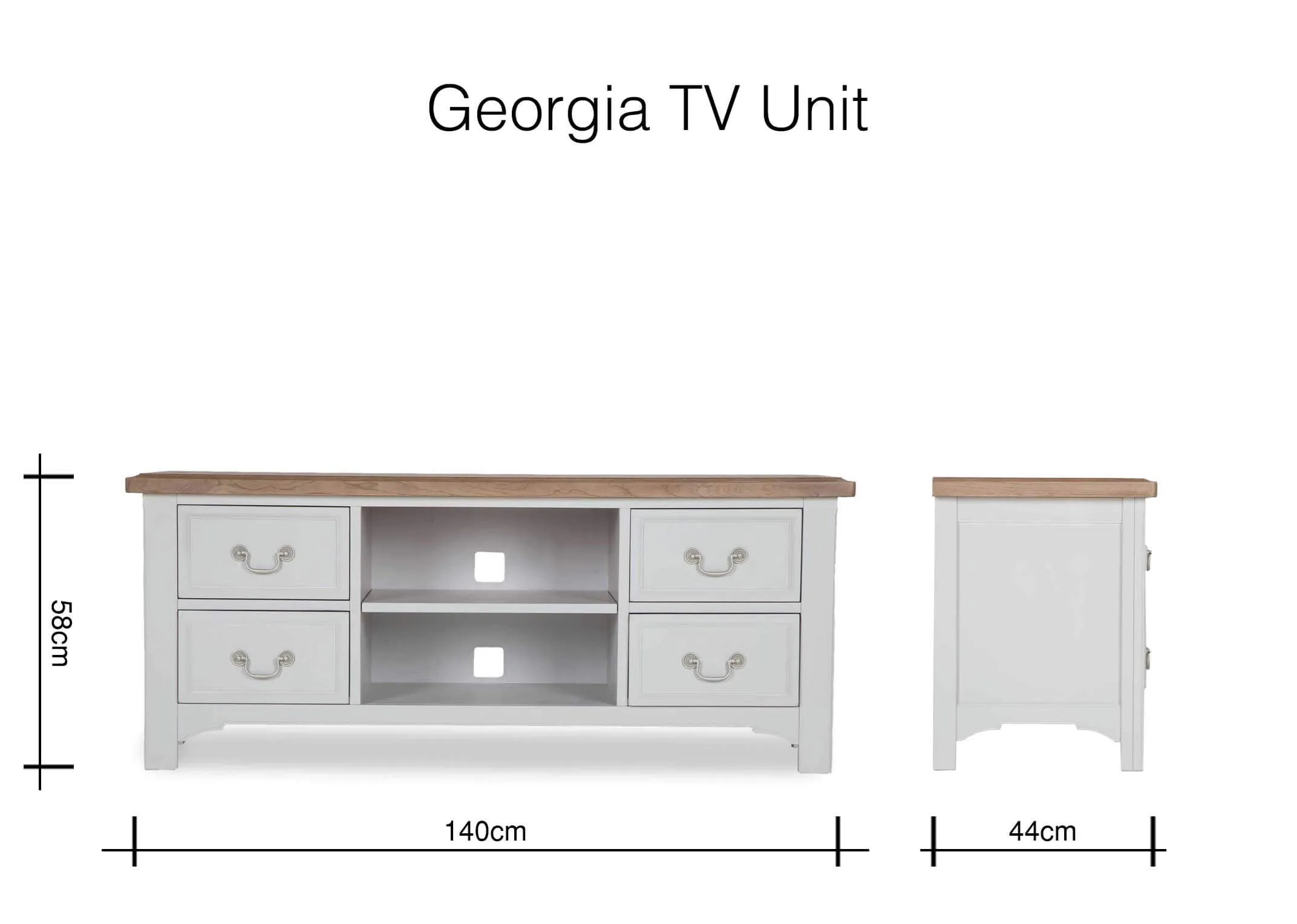 A dimension image for the Georgia 4 drawer 2 shelf tv unit 58cm (Height) x 140cm (Width) x 44cm (Depth)