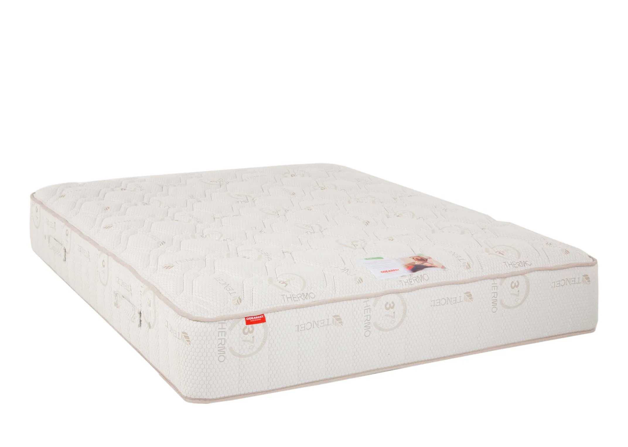 A 5ft pocket spring white mattress from EZ Living's Odearest range. Angled view of thick mattress.