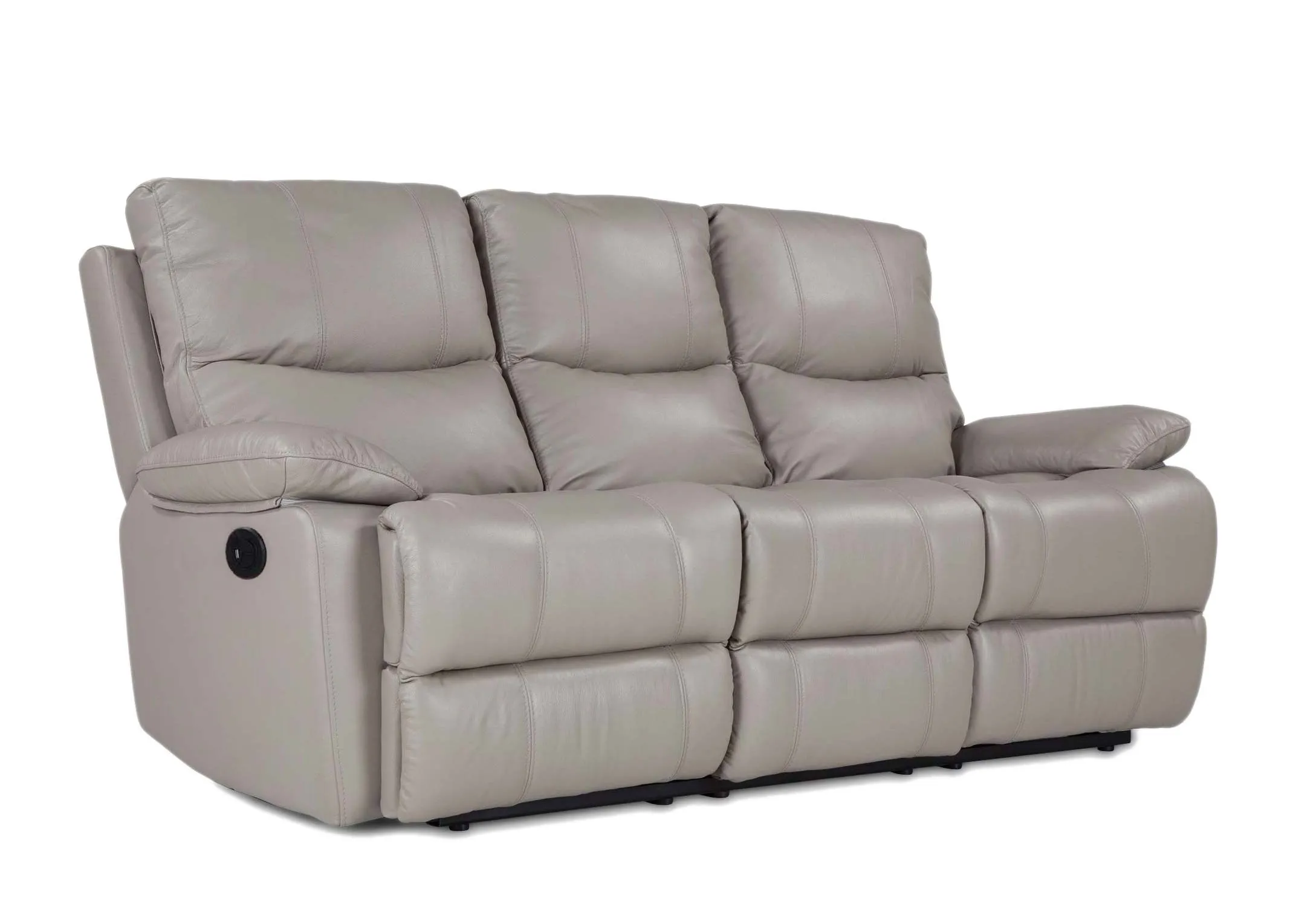 A 3 Seater reclining sofa in soft grey leather from EZ Living Furniture's Groove range. Angled view.