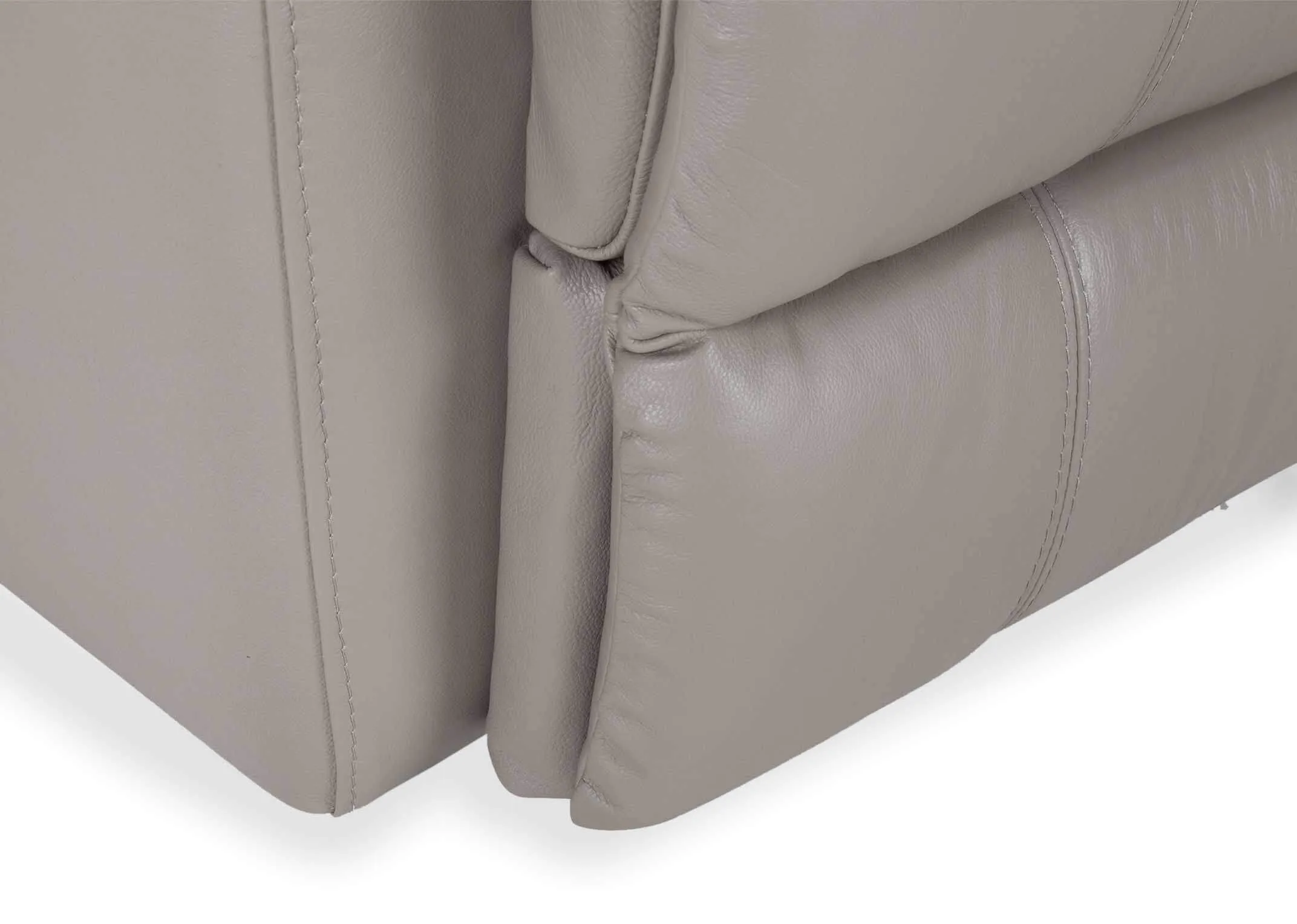 A 3 Seater reclining sofa in soft grey leather from EZ Living Furniture's Groove range. Closeup bottom.