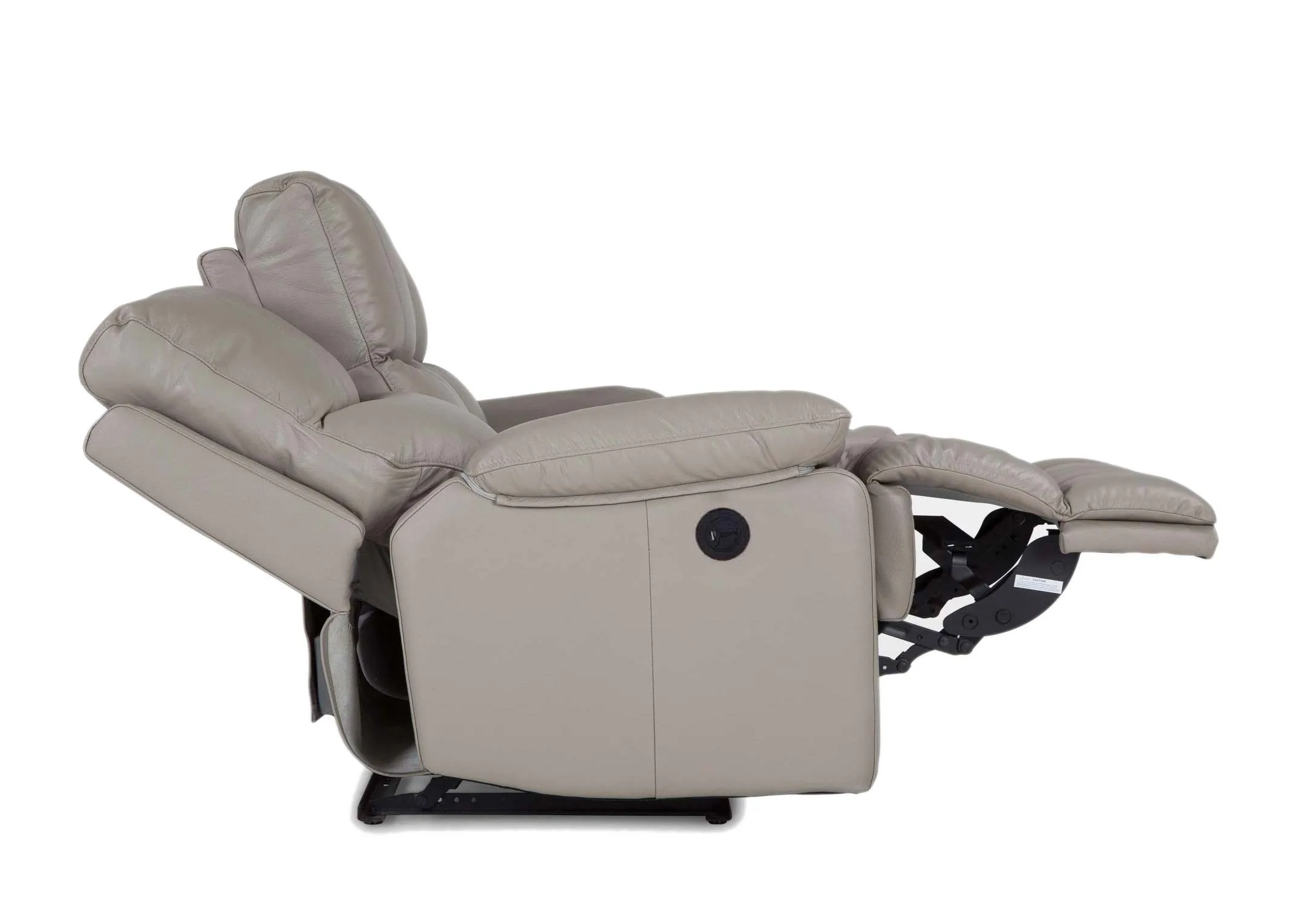 A 2 Seater reclining sofa in soft grey leather from EZ Living Furniture's Groove range. Side view of full power recline.