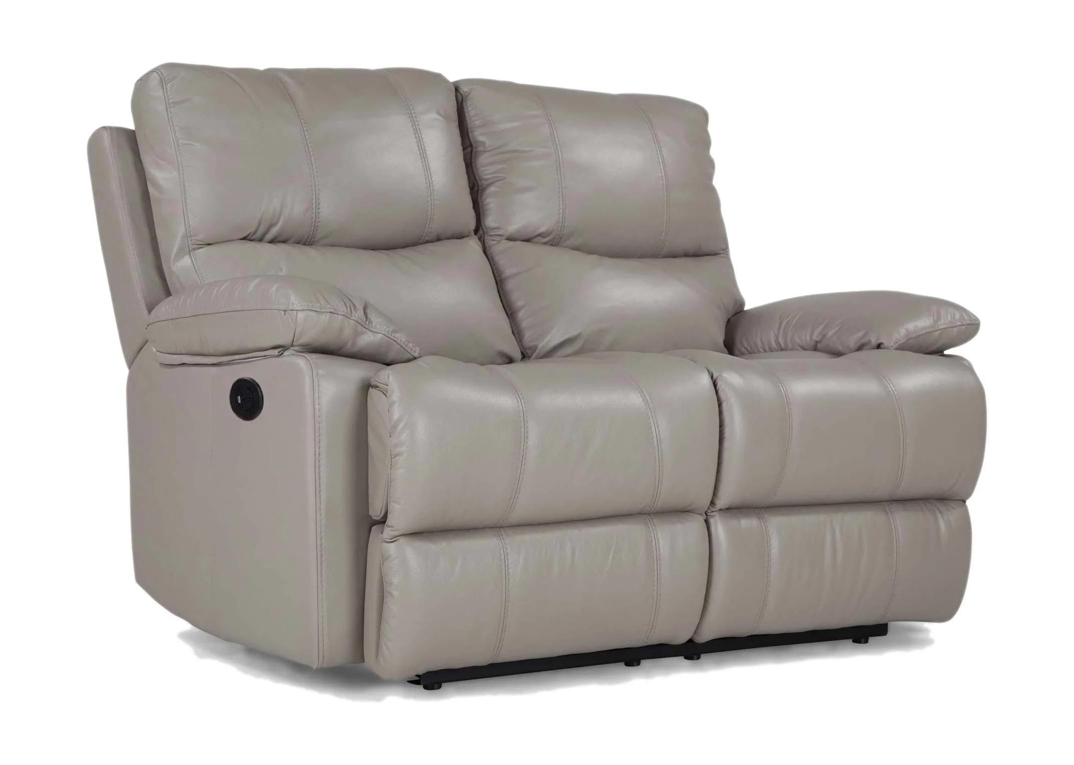 A 2 Seater reclining sofa in soft grey leather from EZ Living Furniture's Groove range. Angled view.